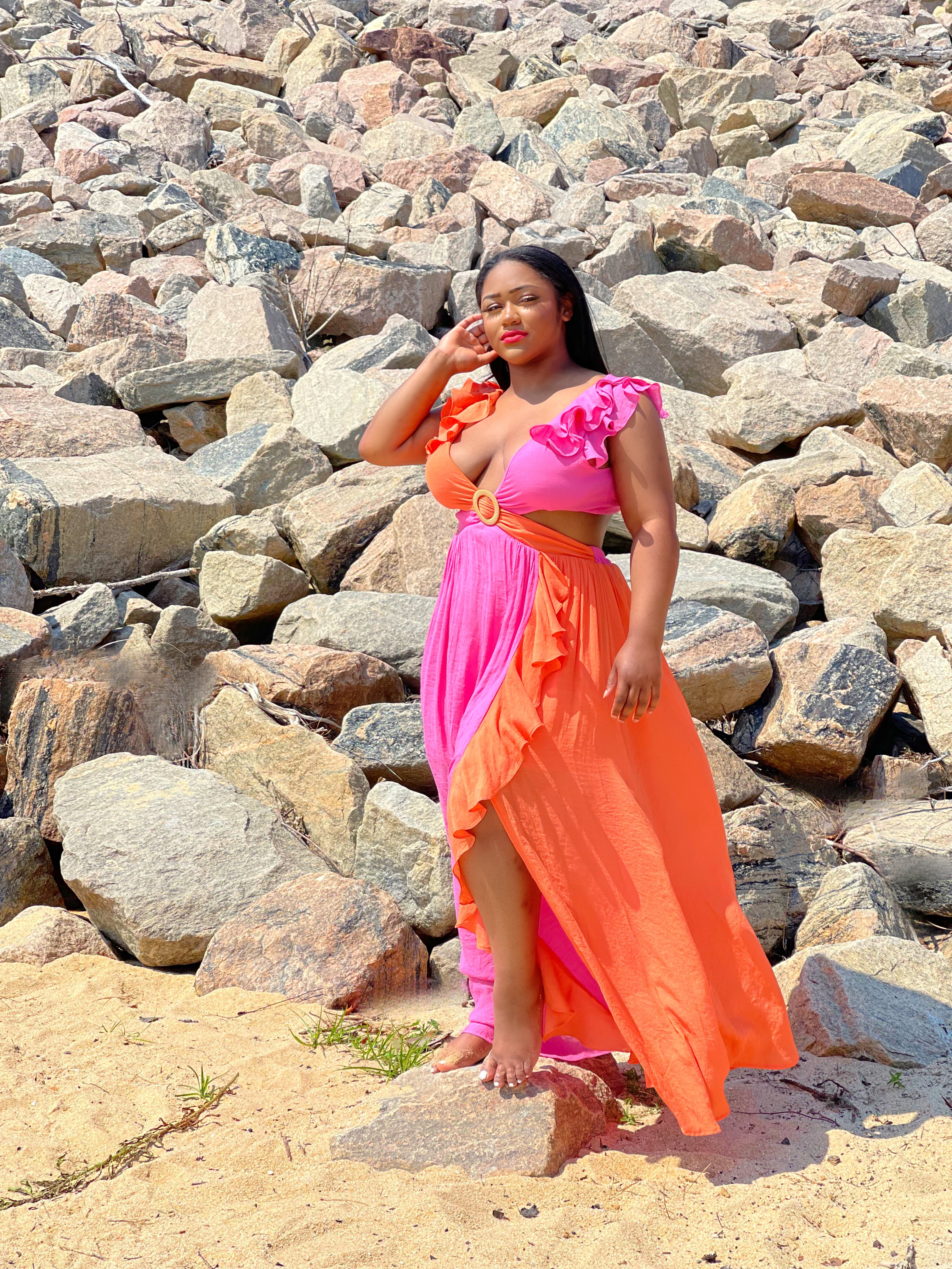 GOLDxTEAL pink and orange ruffle dress.