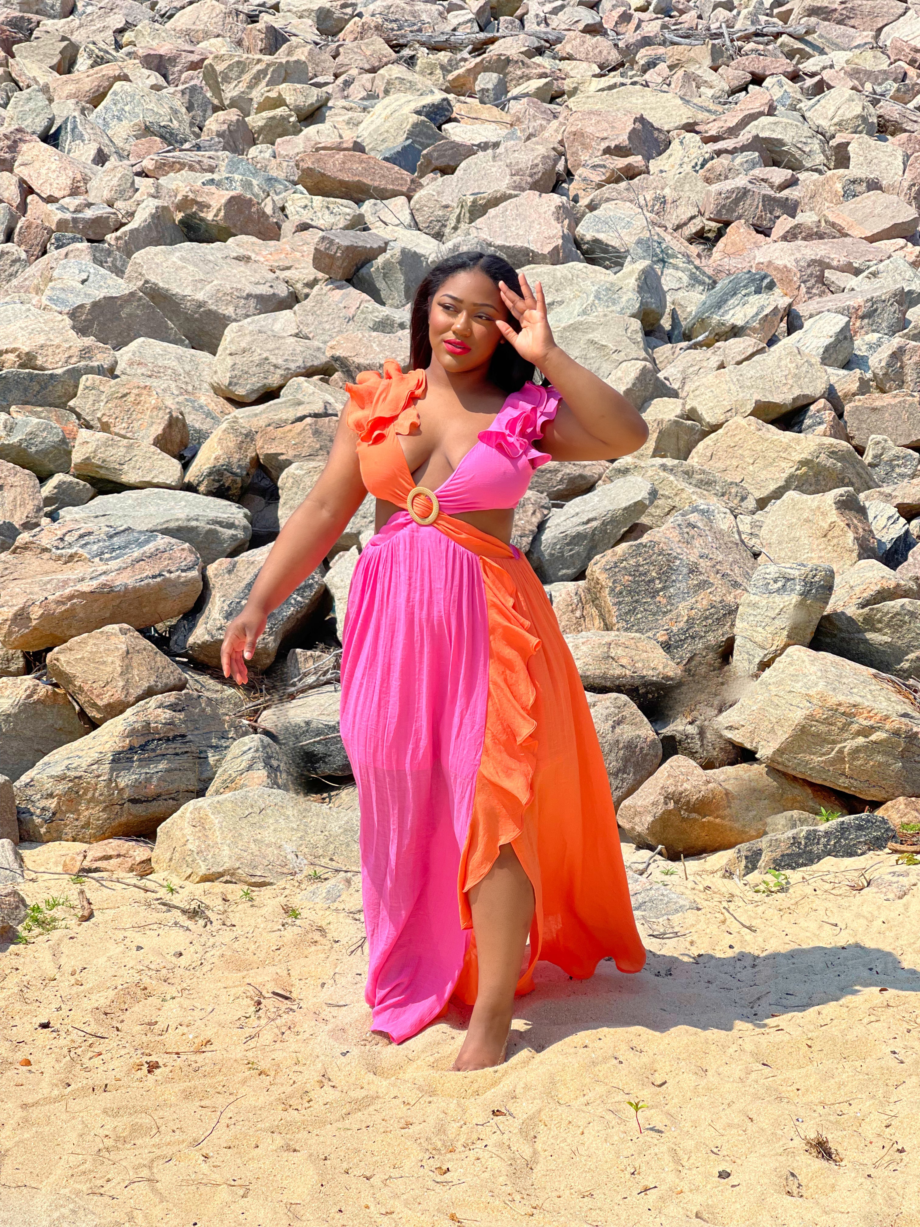 GOLDxTEAL pink and orange ruffle dress.