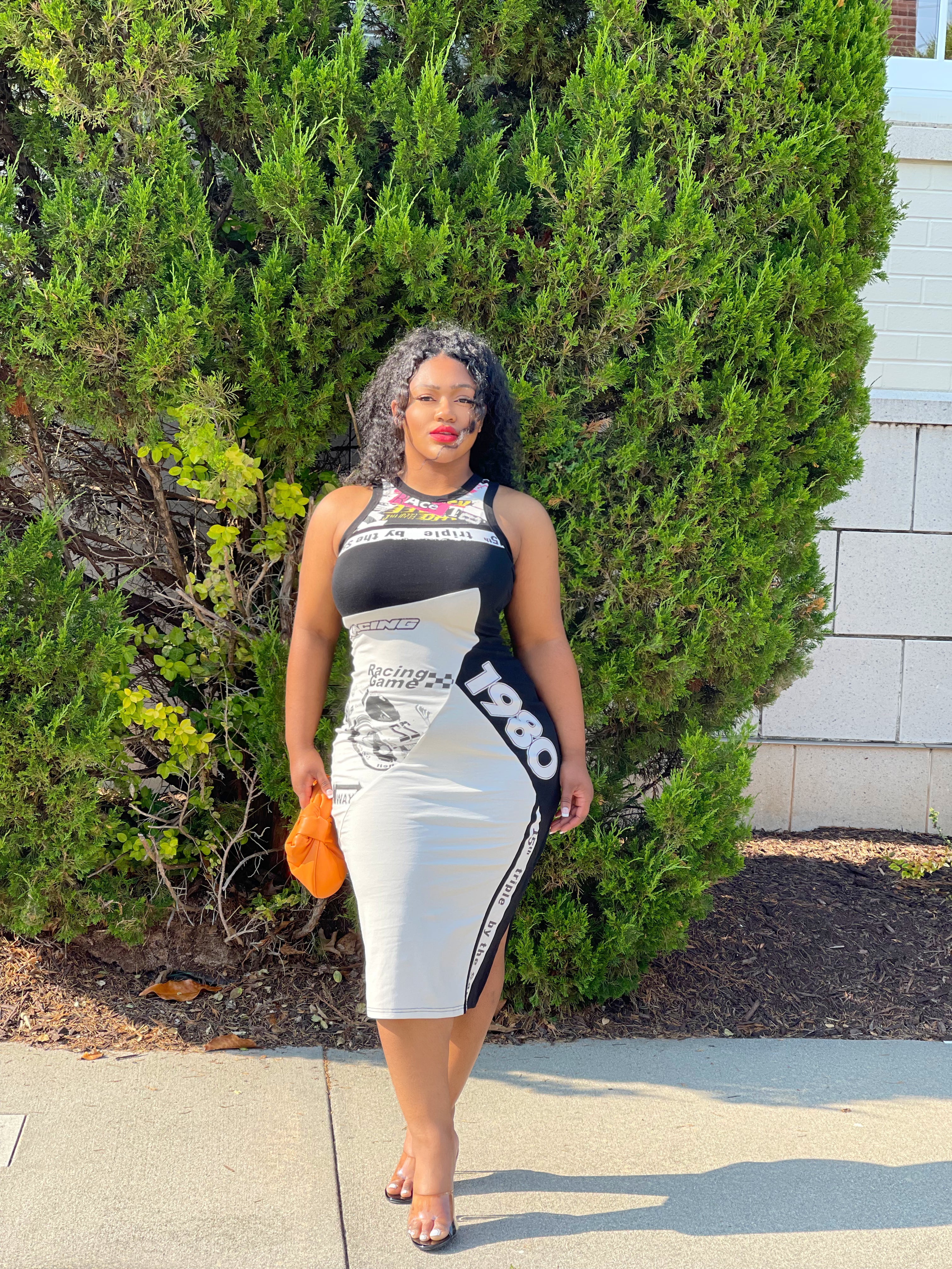 GOLDxTEAL graphic racerback midi dress.