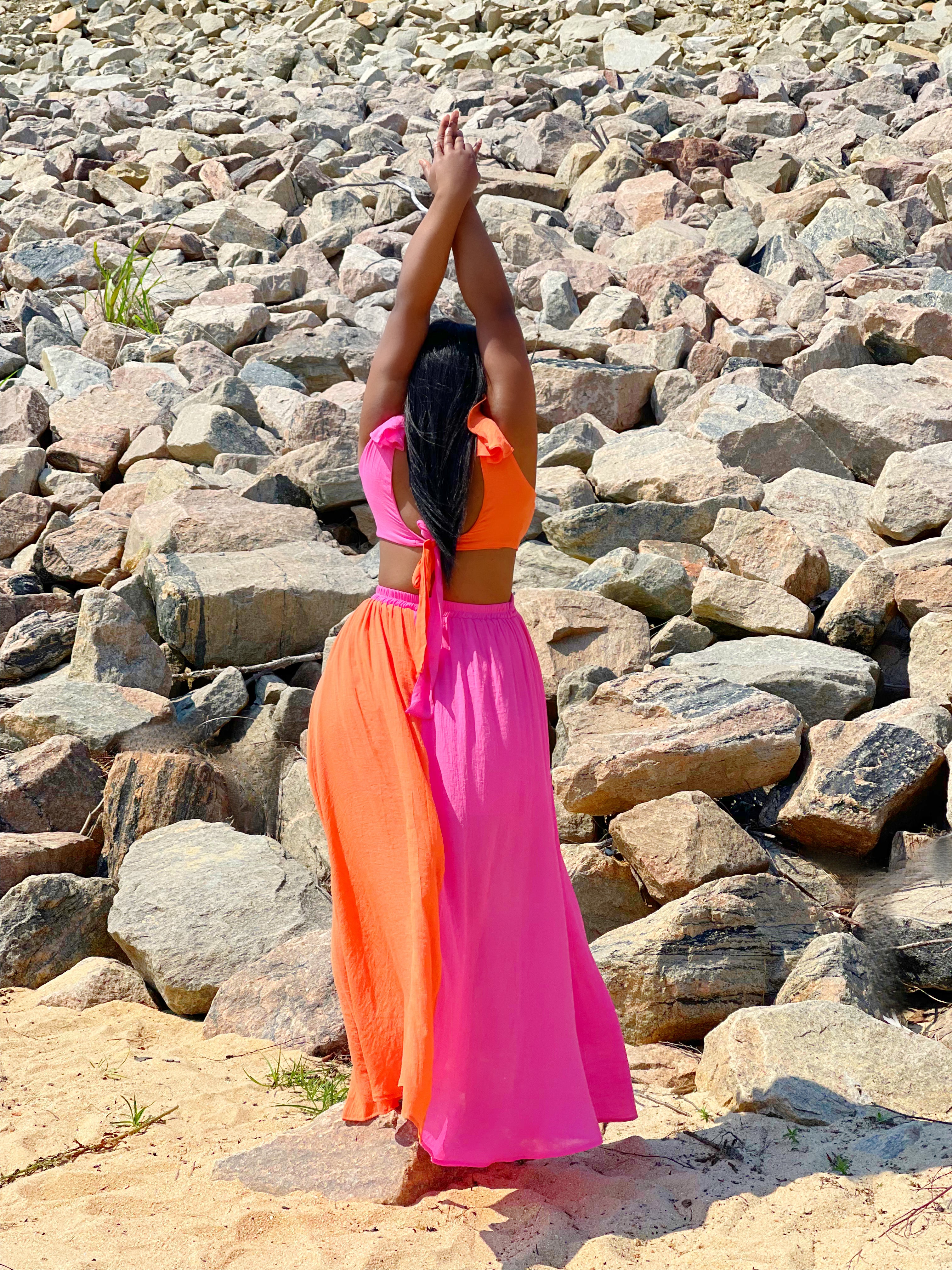 GOLDxTEAL pink and orange ruffle dress.