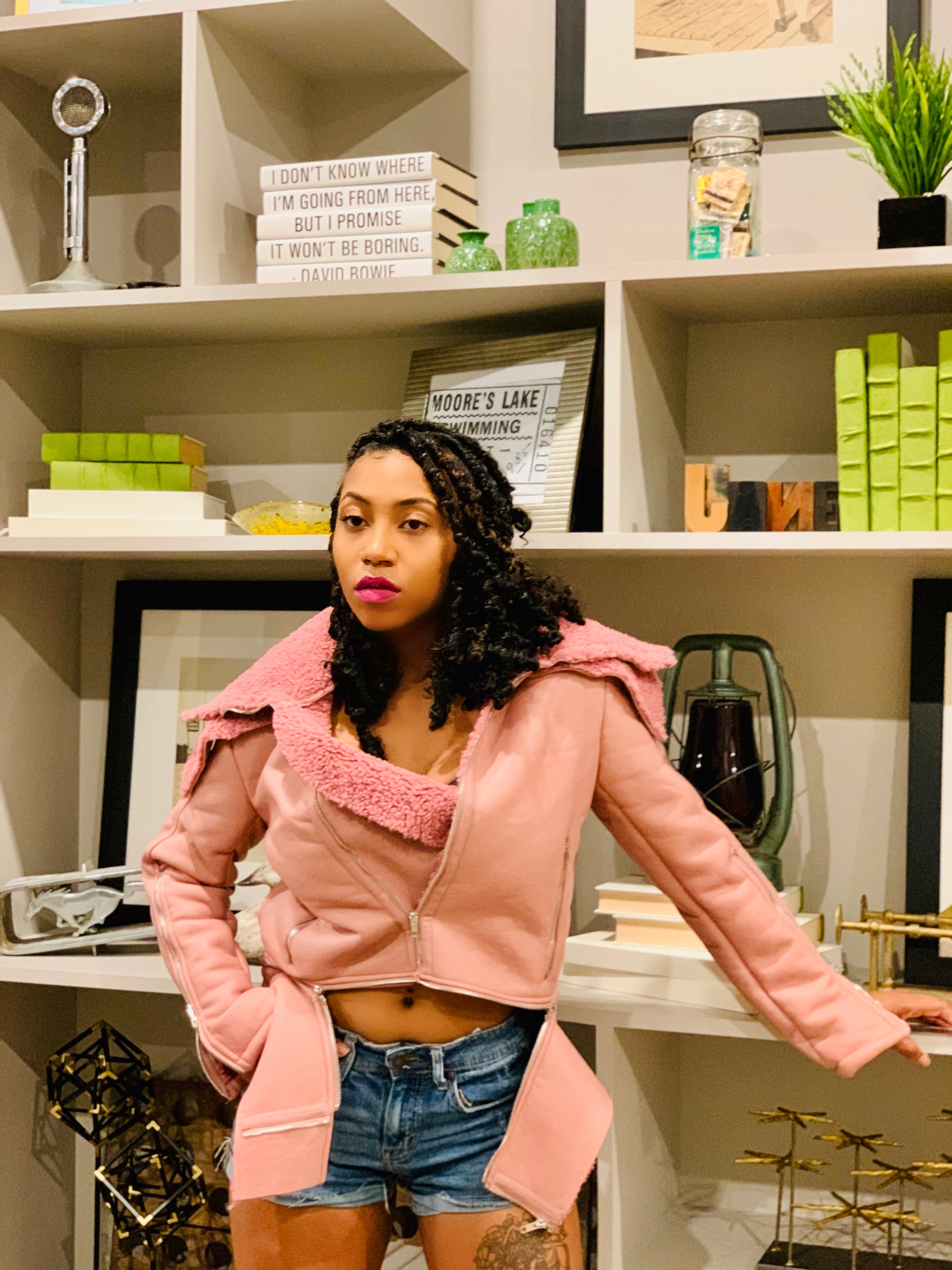 GOLDxTEAL stylish mauve vegan leather shearling jacket.