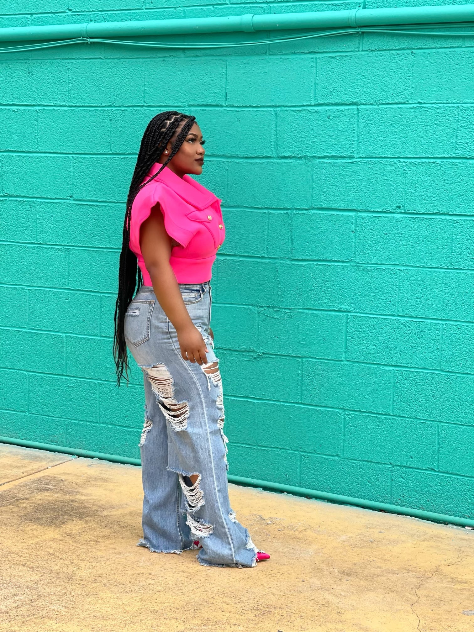 GOLDxTEAL high rise wide leg jeans. Stylish destroyed denim pants.