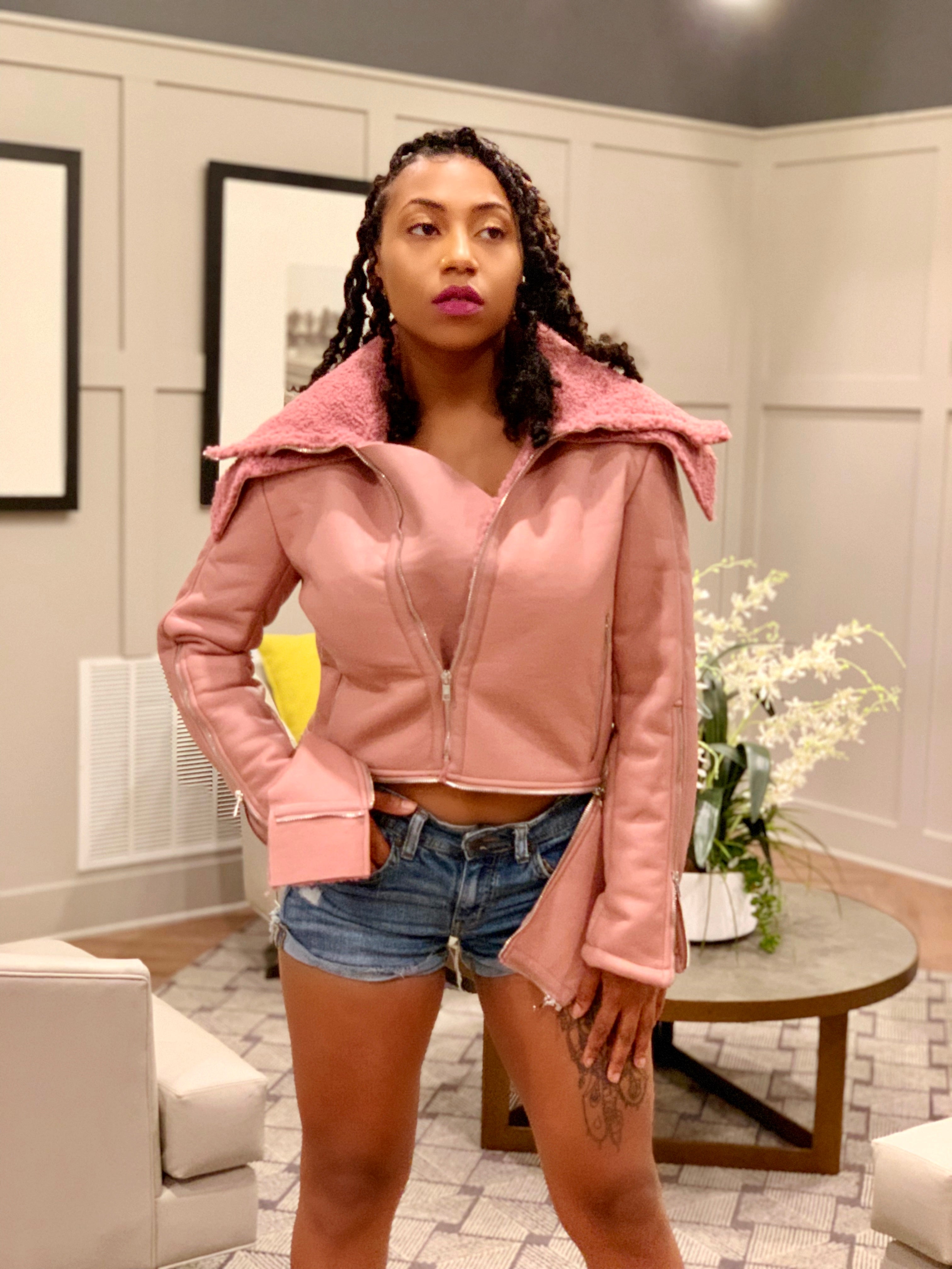 GOLDxTEAL stylish mauve vegan leather shearling jacket.