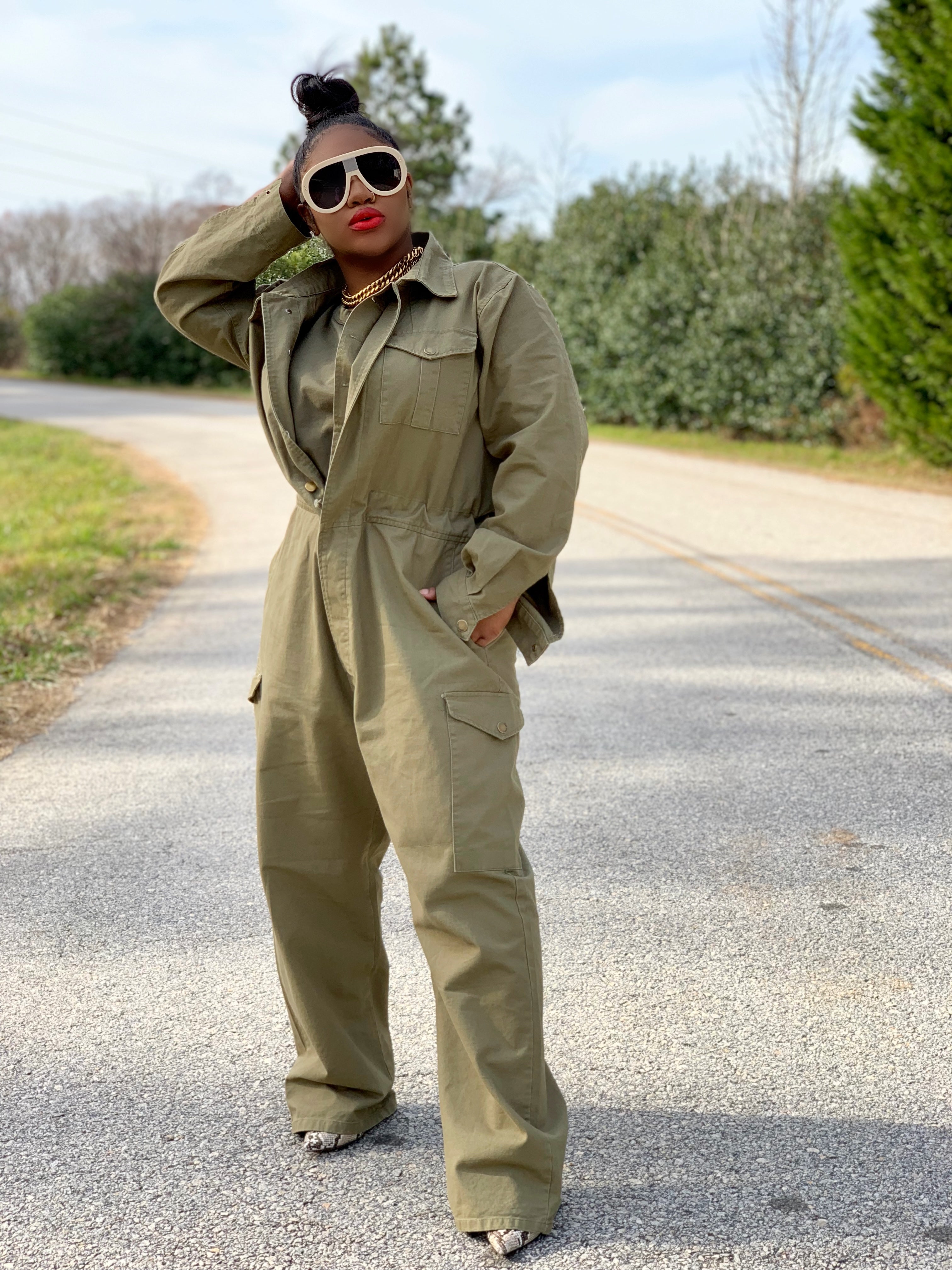 GOLDxTEAL oversized army green jumpsuit. Modern boiler room style jumpsuit.