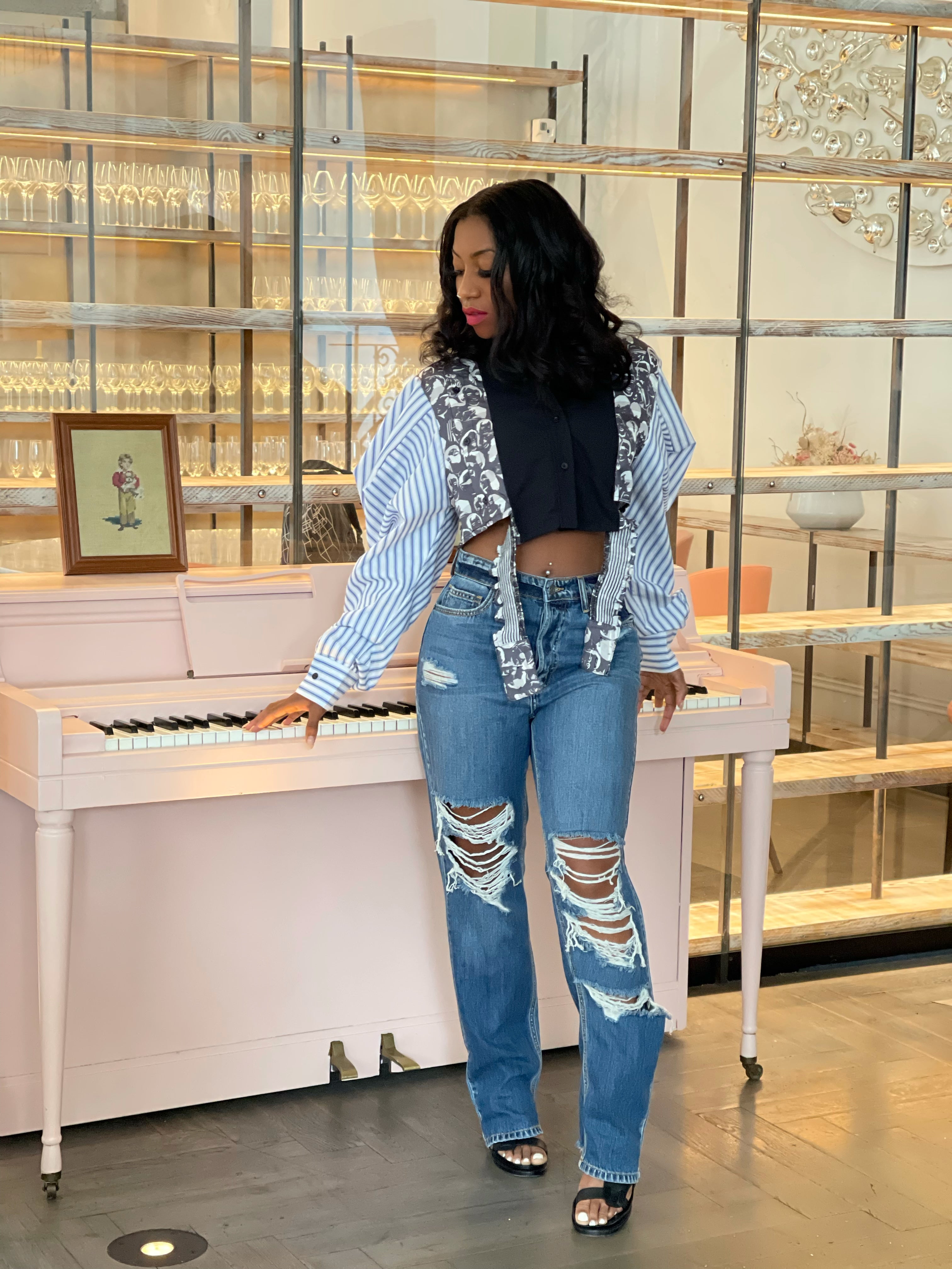 GOLDxTEAL high waist distressed boyfriend jeans.