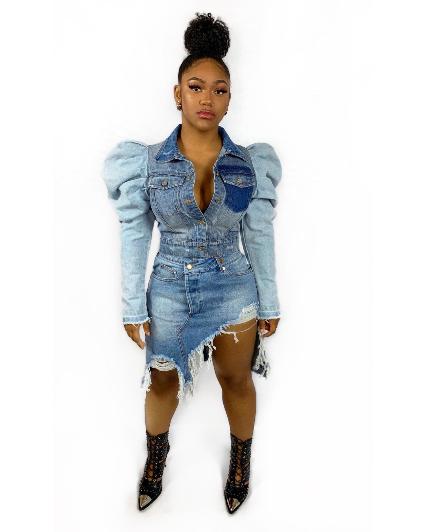 GoldxTeal distressed denim mini skirt. Statement making denim skirt with raw edges, high front and low back, asymmetrical cut.