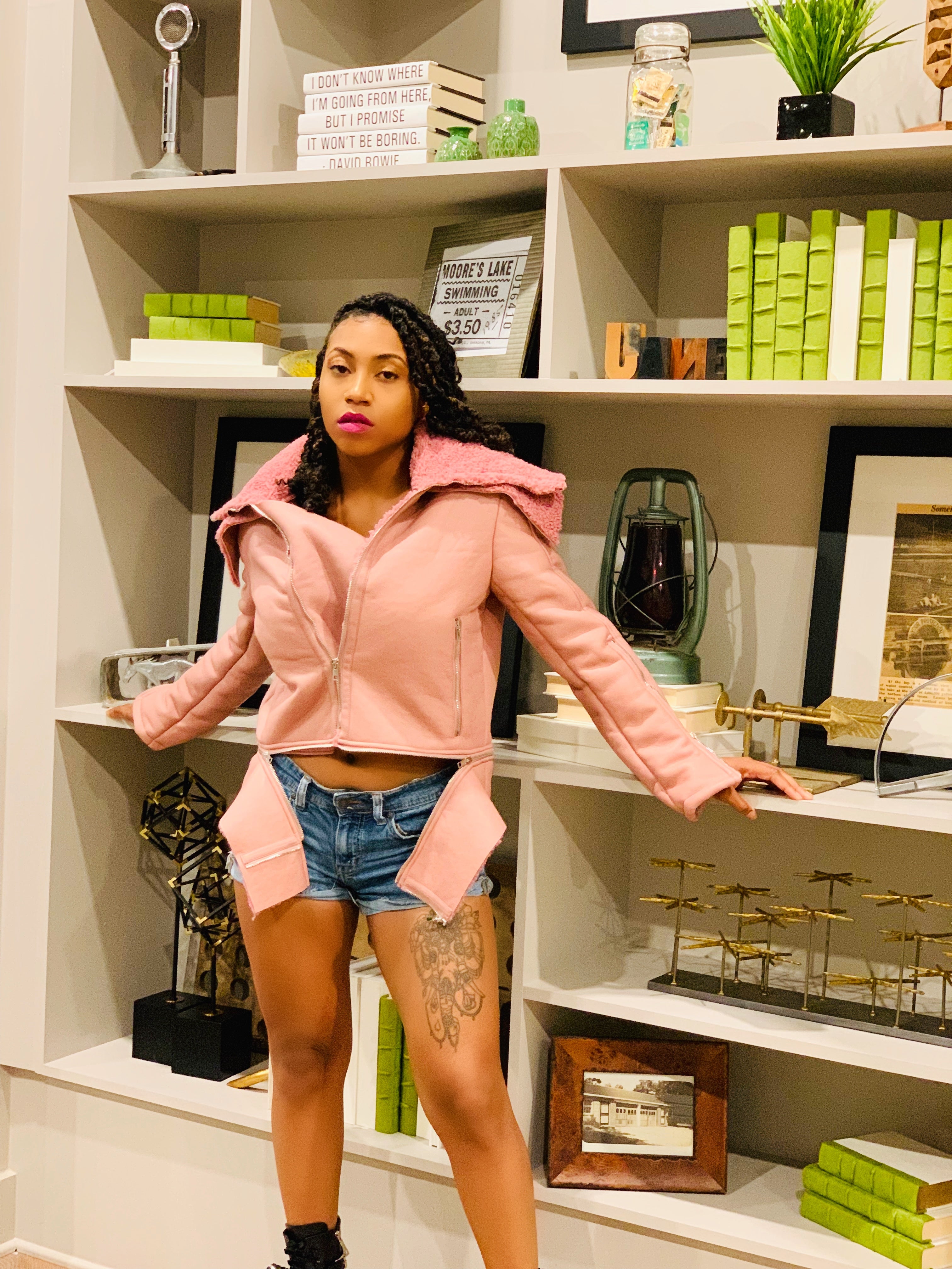 GOLDxTEAL stylish mauve vegan leather shearling jacket.