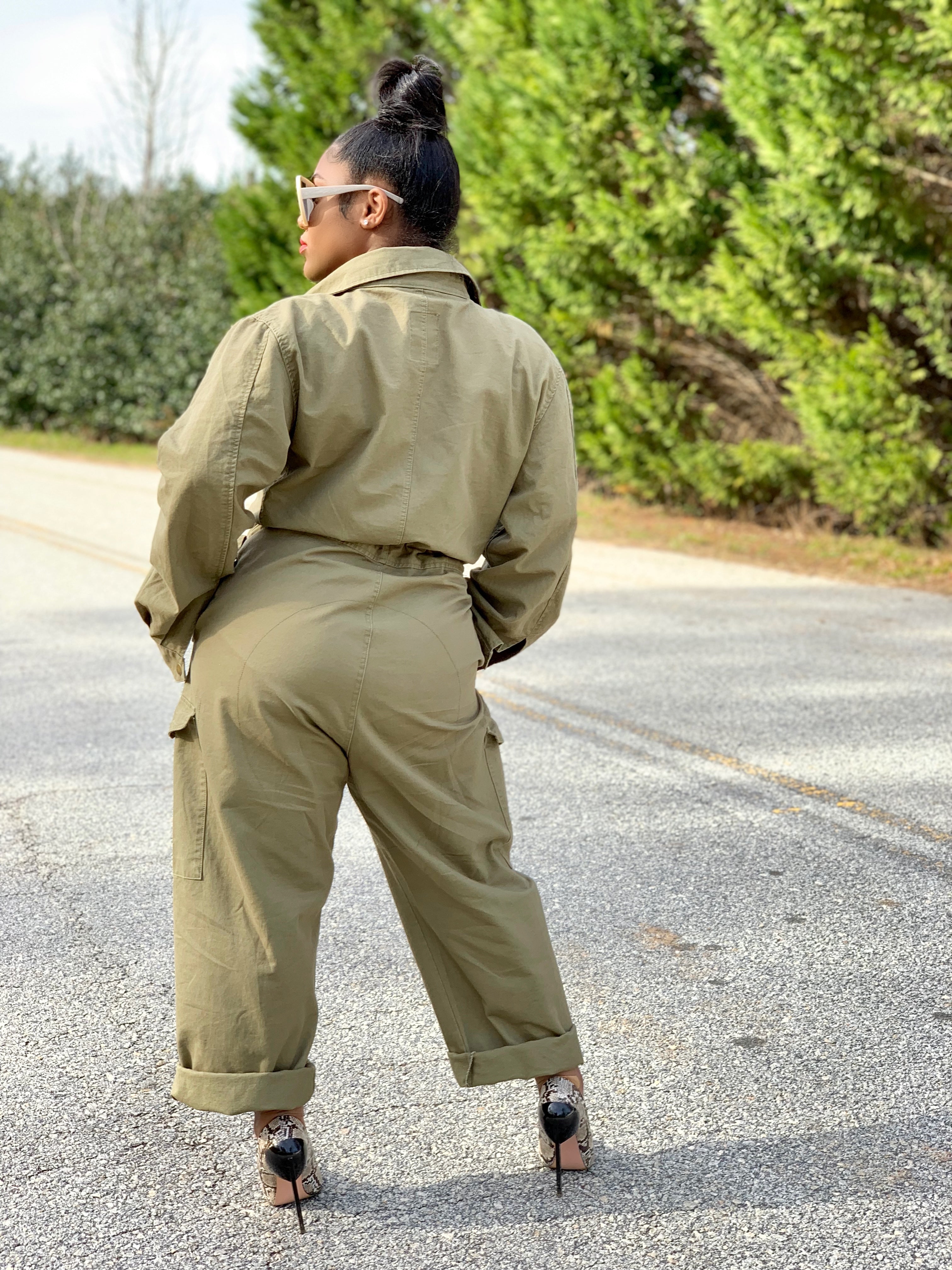 GOLDxTEAL oversized army green jumpsuit. Modern boiler room style jumpsuit.