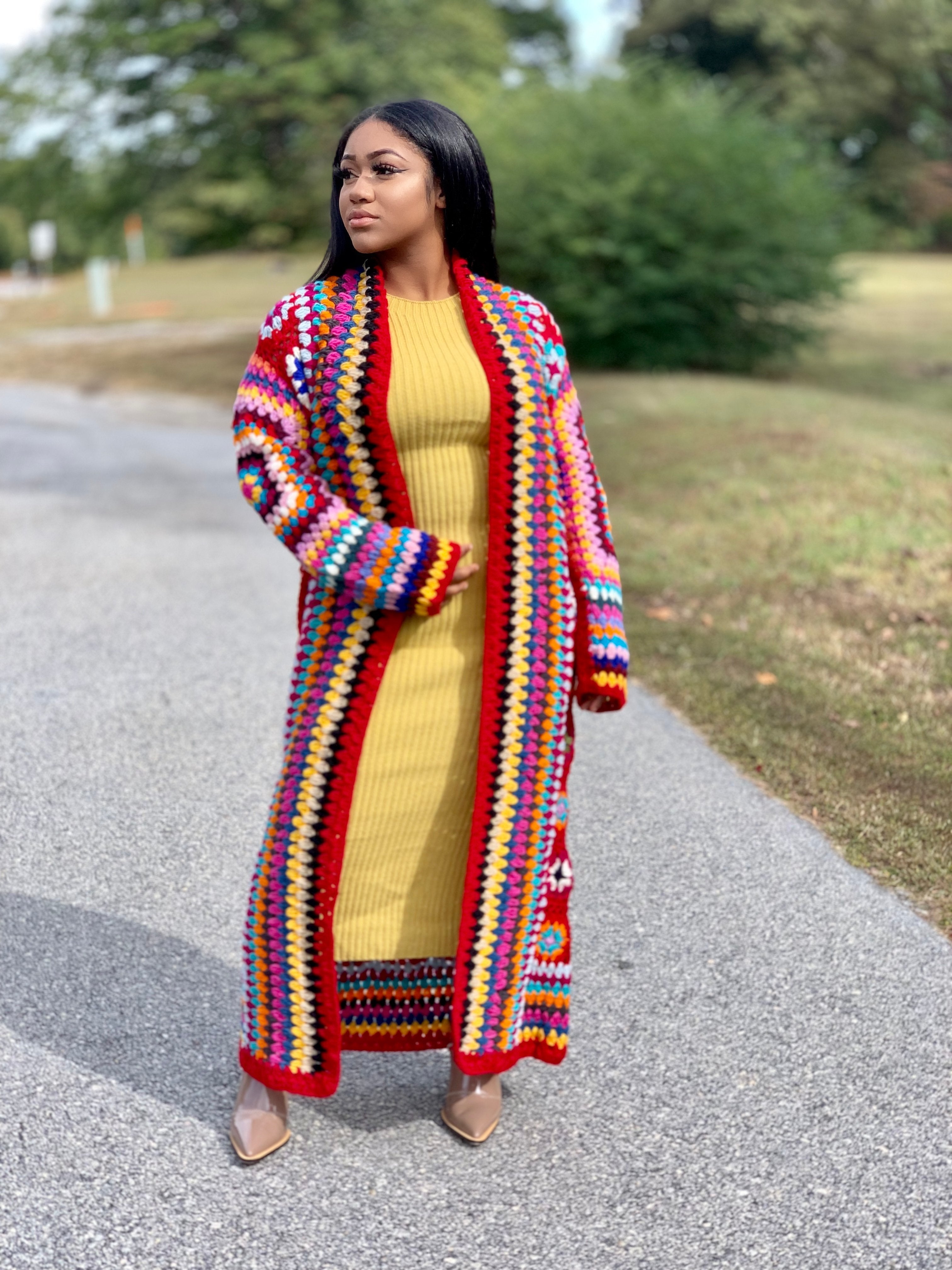 Gold x Teal handmade colorful crochet long cardigan. Available in red multi color and black multi color.