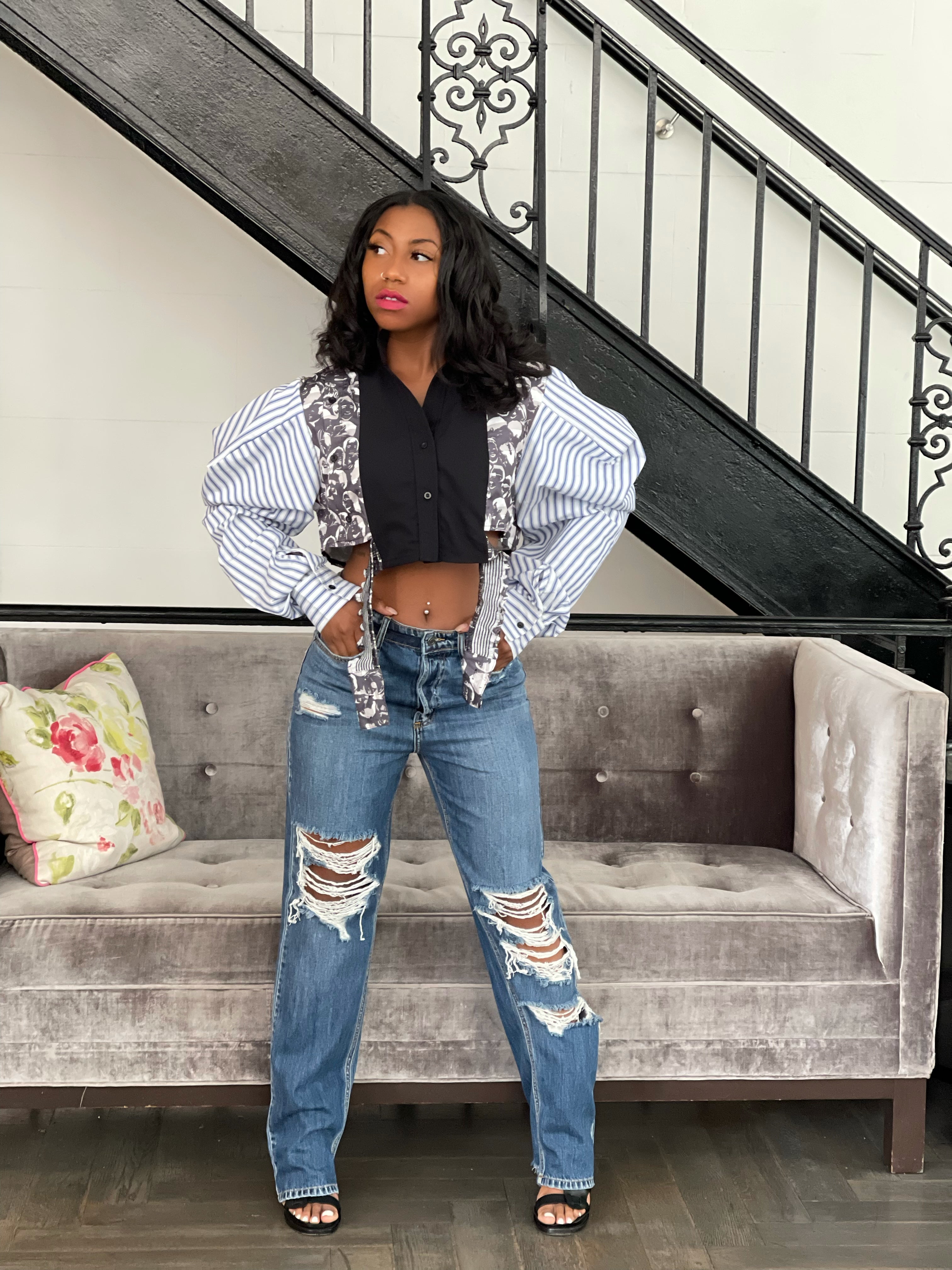 GOLDxTEAL high waist distressed boyfriend jeans.