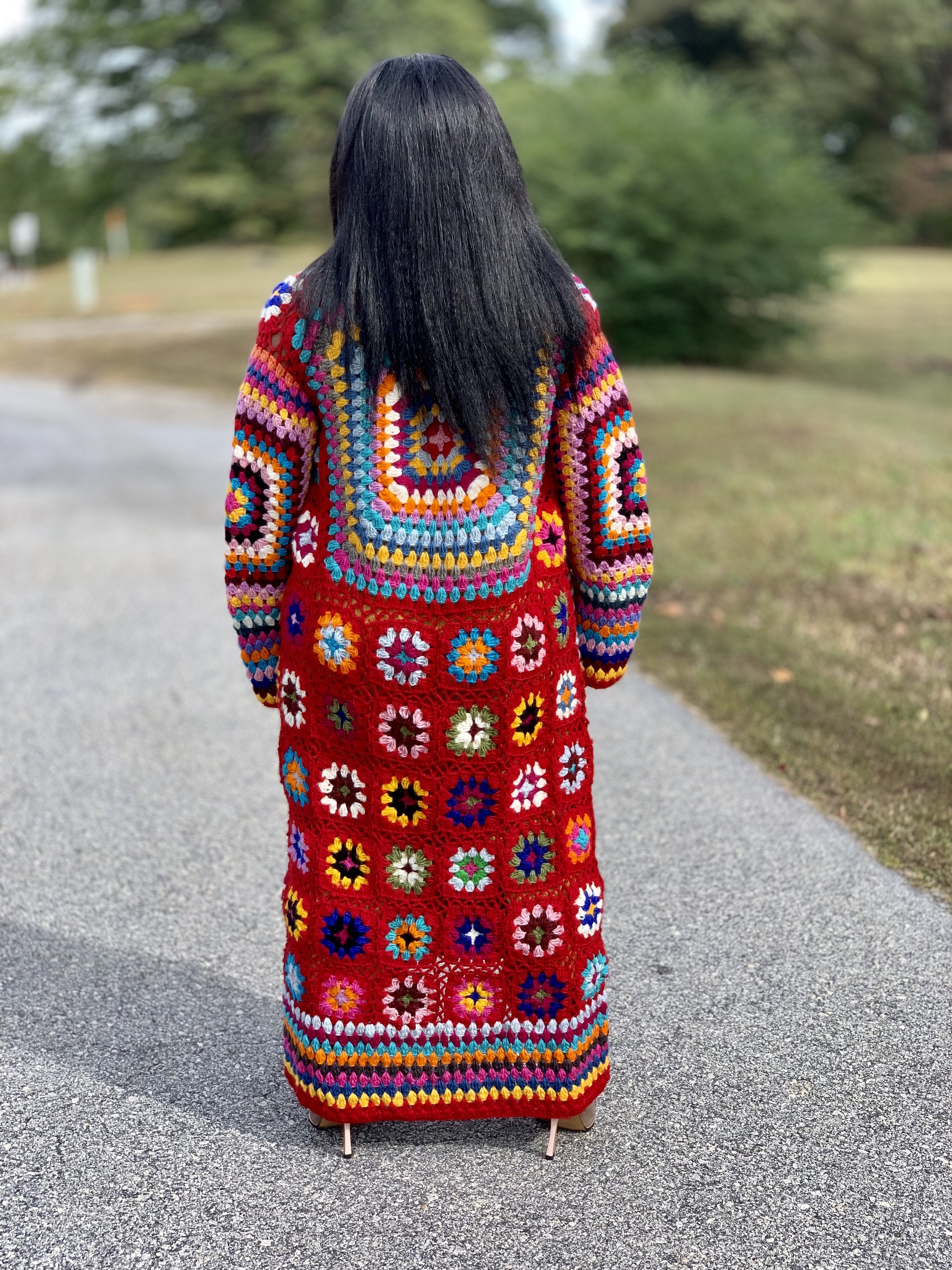 Gold x Teal handmade colorful crochet long cardigan. Available in red multi color and black multi color.