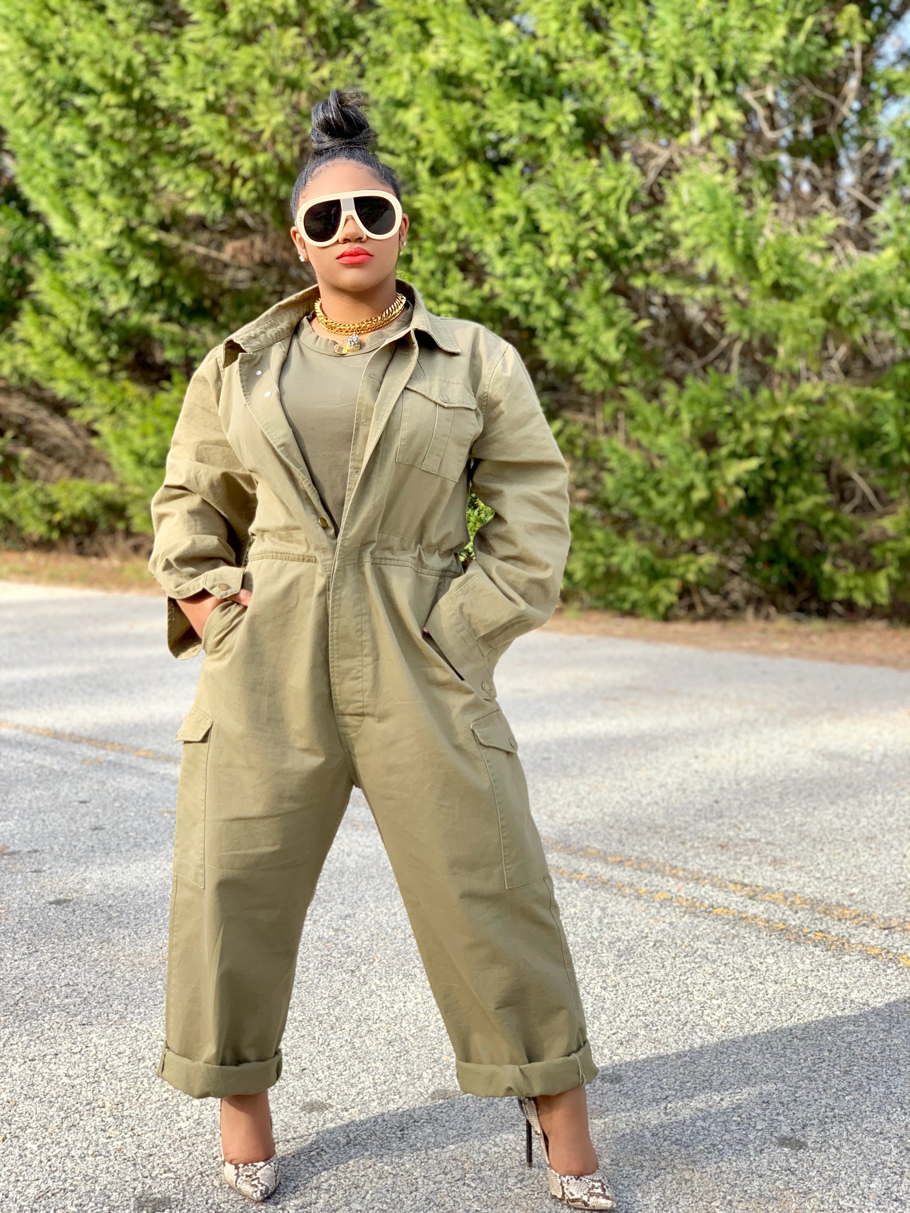 GOLDxTEAL oversized army green jumpsuit. Modern boiler room style jumpsuit.