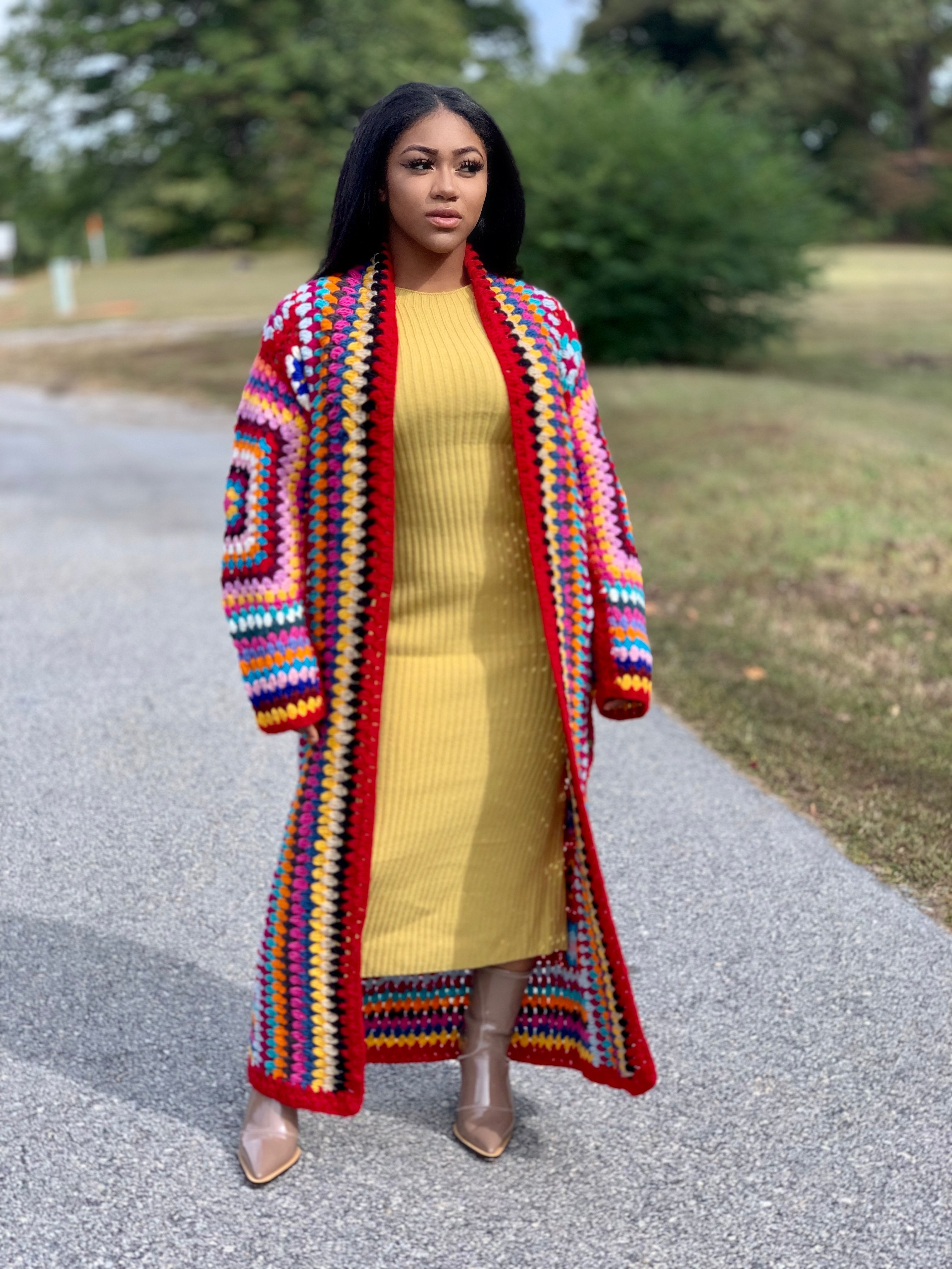 Gold x Teal handmade colorful crochet long cardigan. Available in red multi color and black multi color.