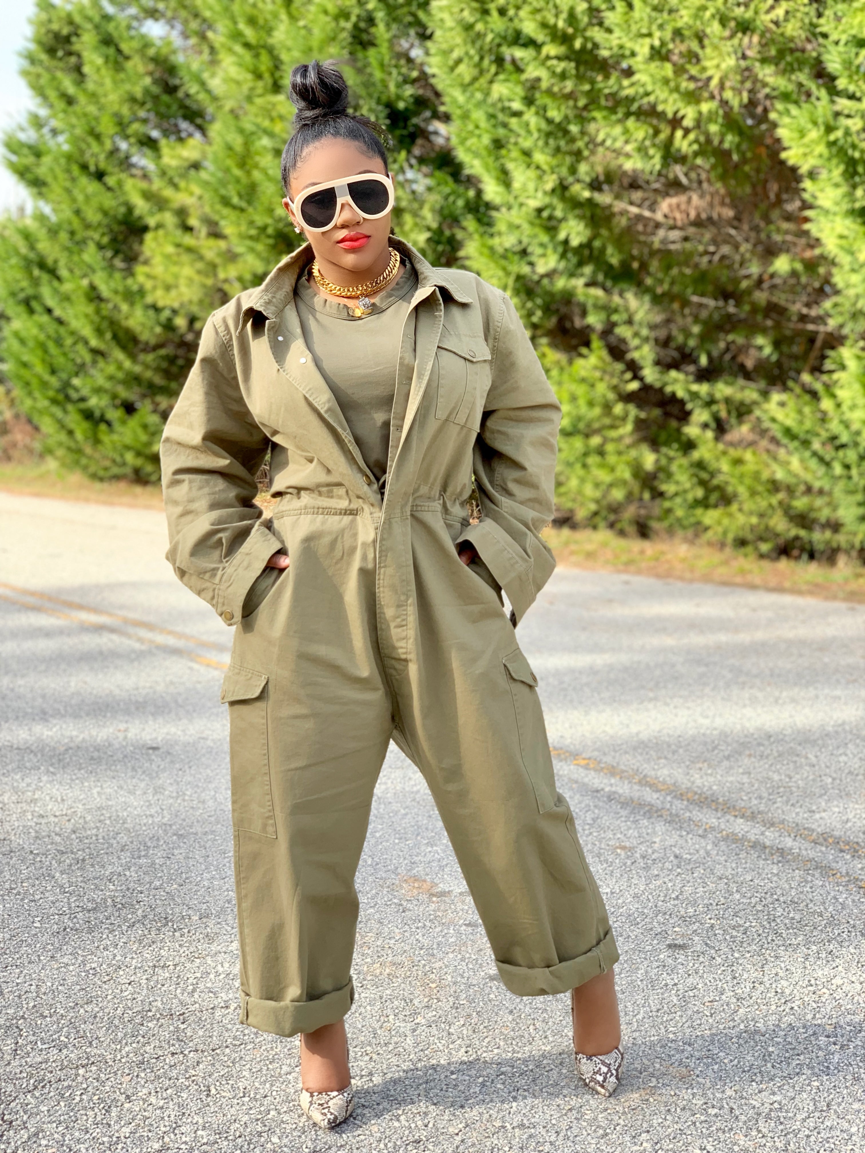 GOLDxTEAL oversized army green jumpsuit. Modern boiler room style jumpsuit.
