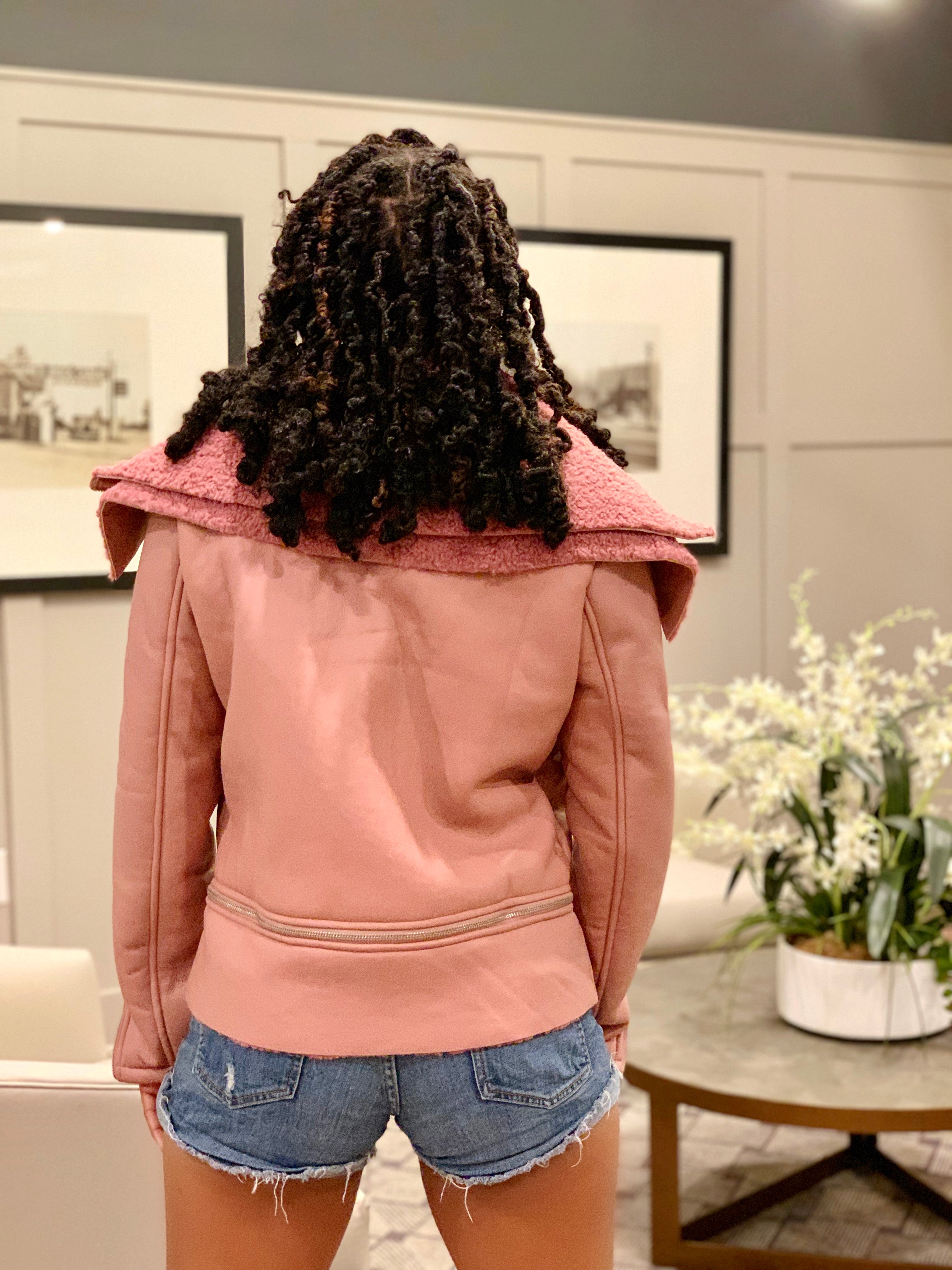 GOLDxTEAL stylish mauve vegan leather shearling jacket.