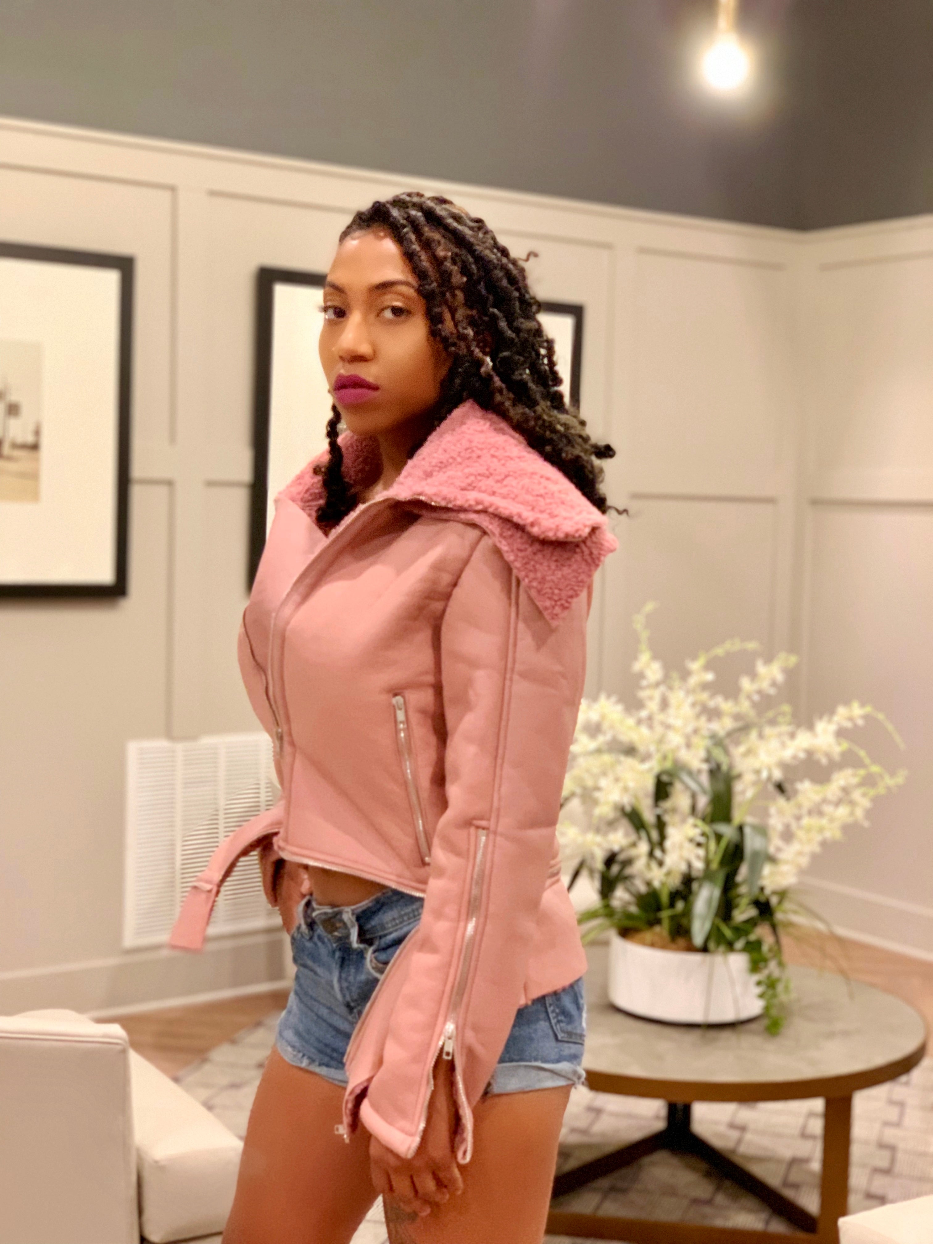 GOLDxTEAL stylish mauve vegan leather shearling jacket.