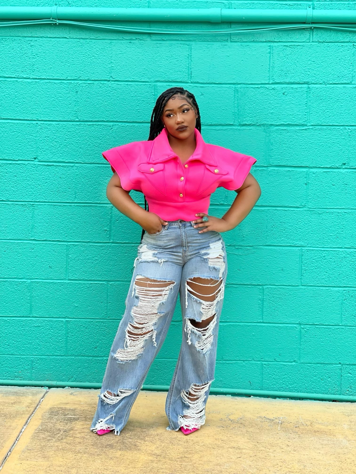 GOLDxTEAL high rise wide leg jeans. Stylish destroyed denim pants.