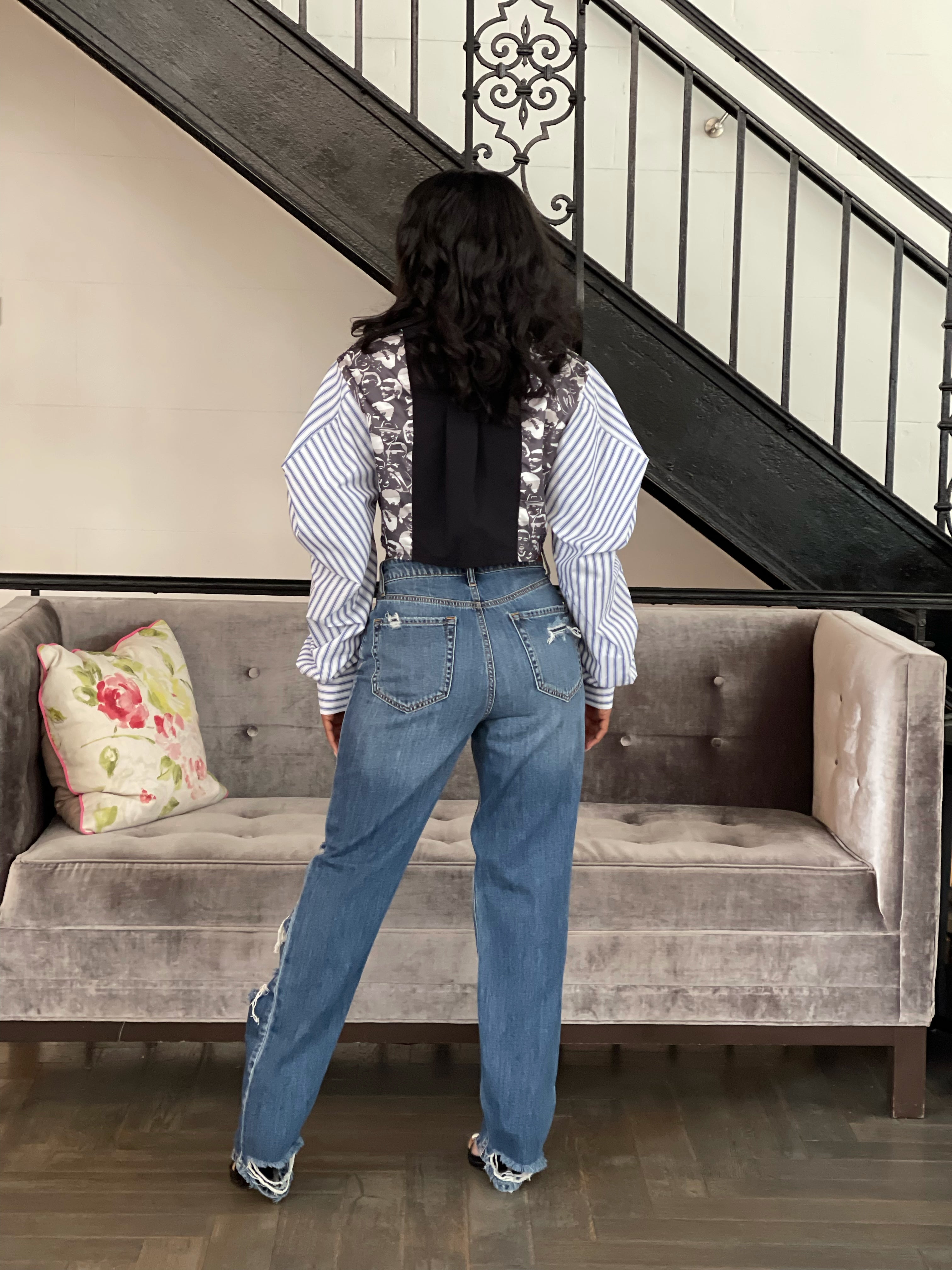 GOLDxTEAL high waist distressed boyfriend jeans.