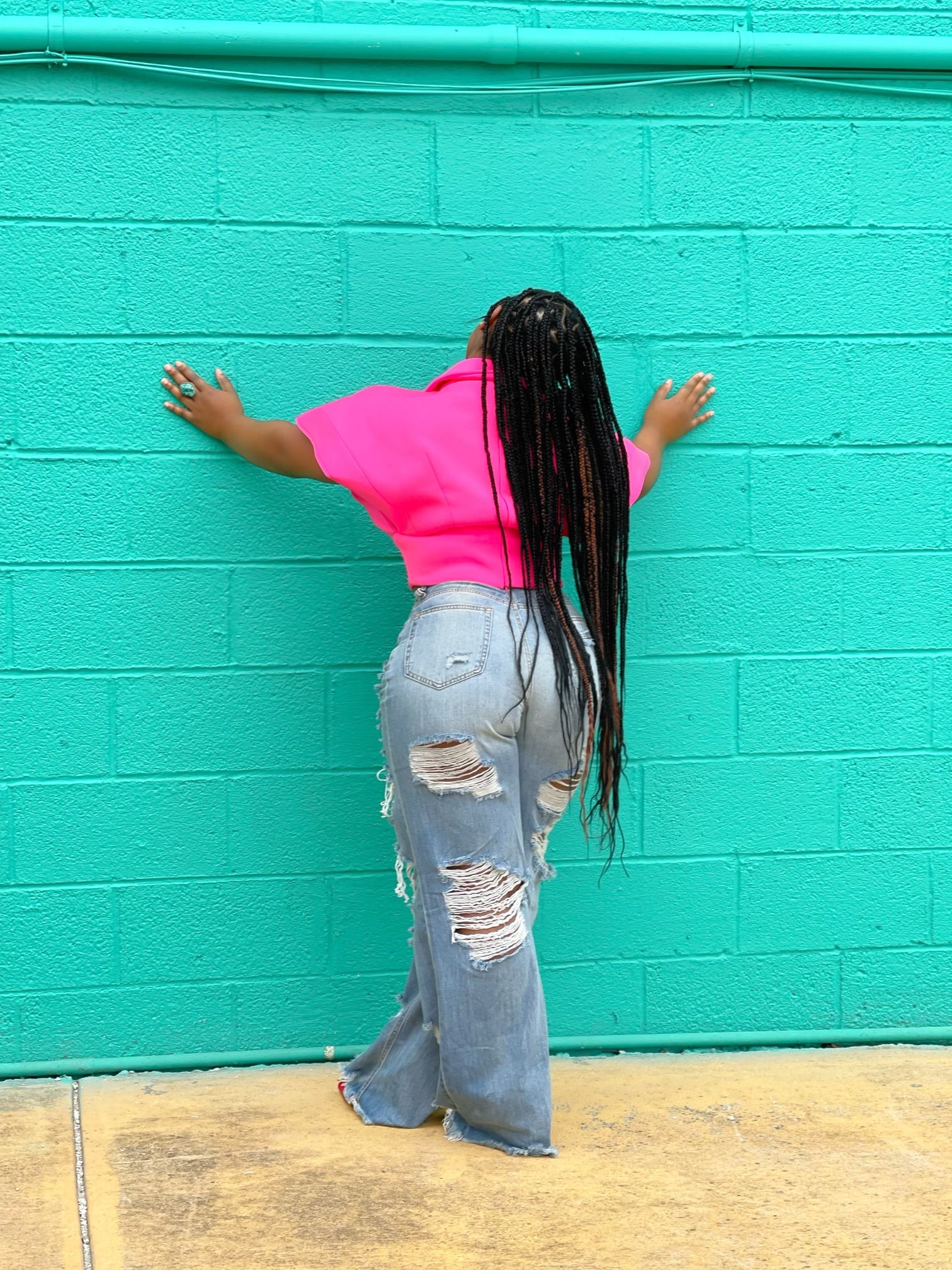 GOLDxTEAL high rise wide leg jeans. Stylish destroyed denim pants.