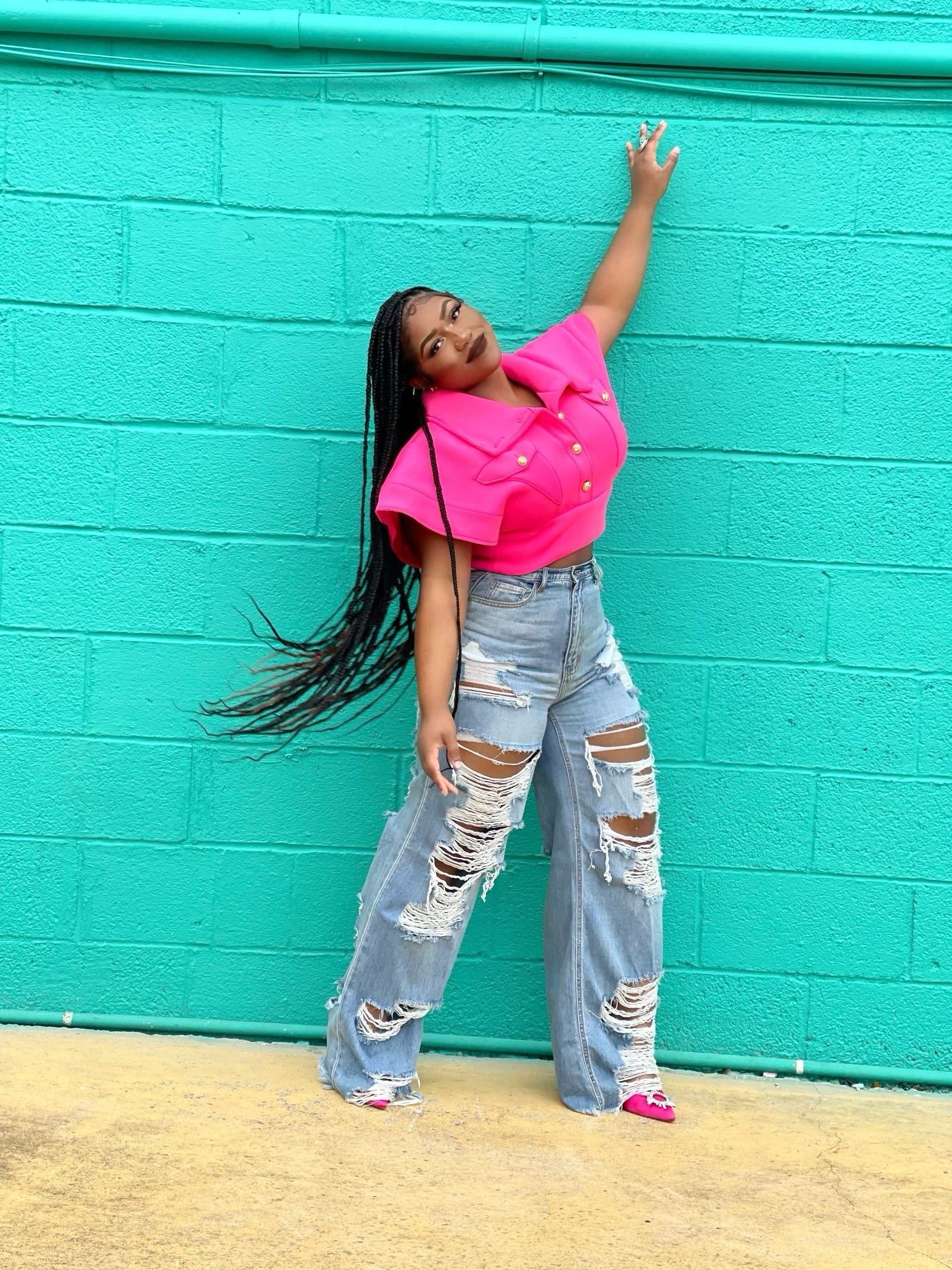 GOLDxTEAL high rise wide leg jeans. Stylish destroyed denim pants.