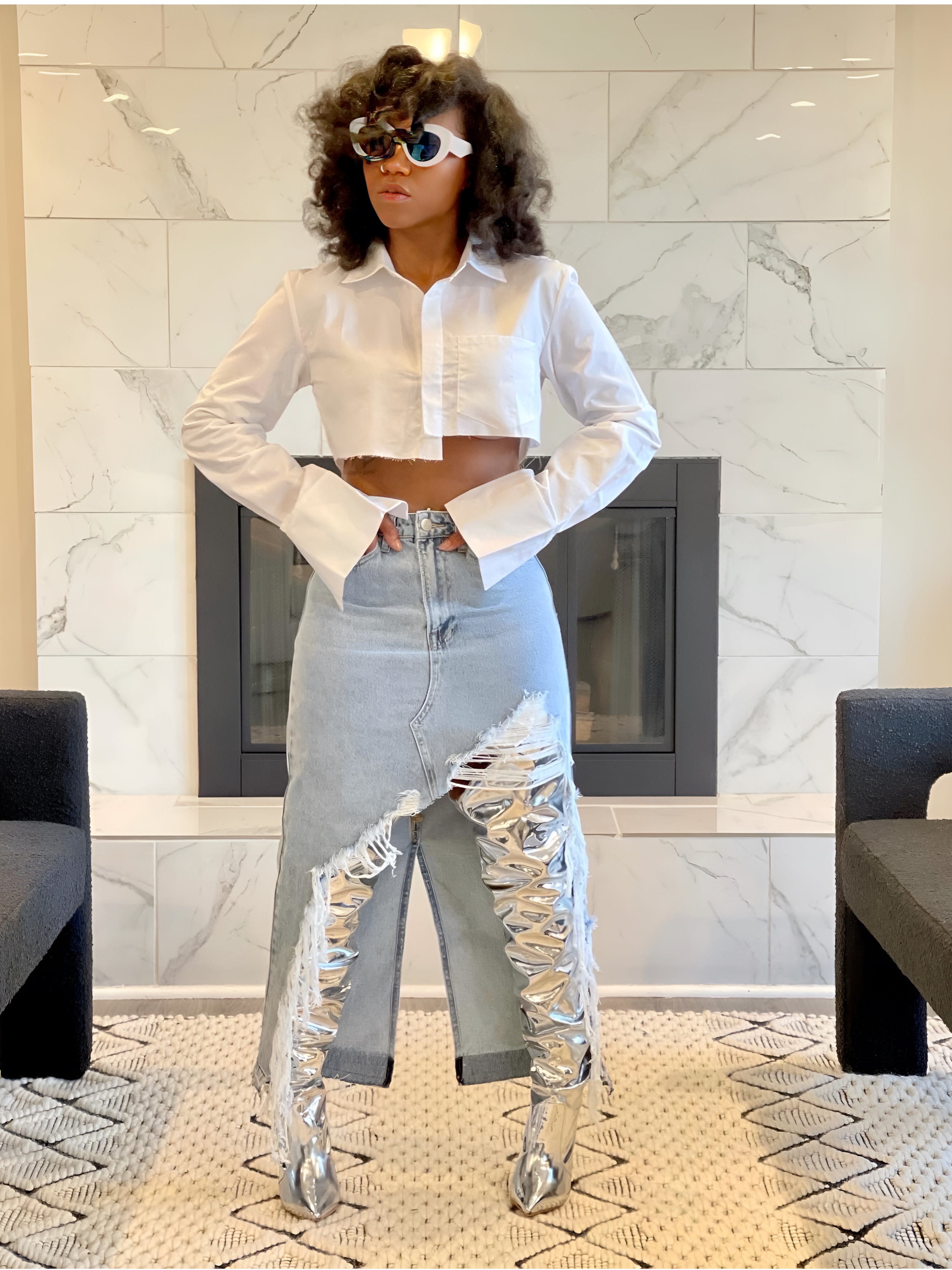 GOLDxTEAL high waist distressed denim skirt.