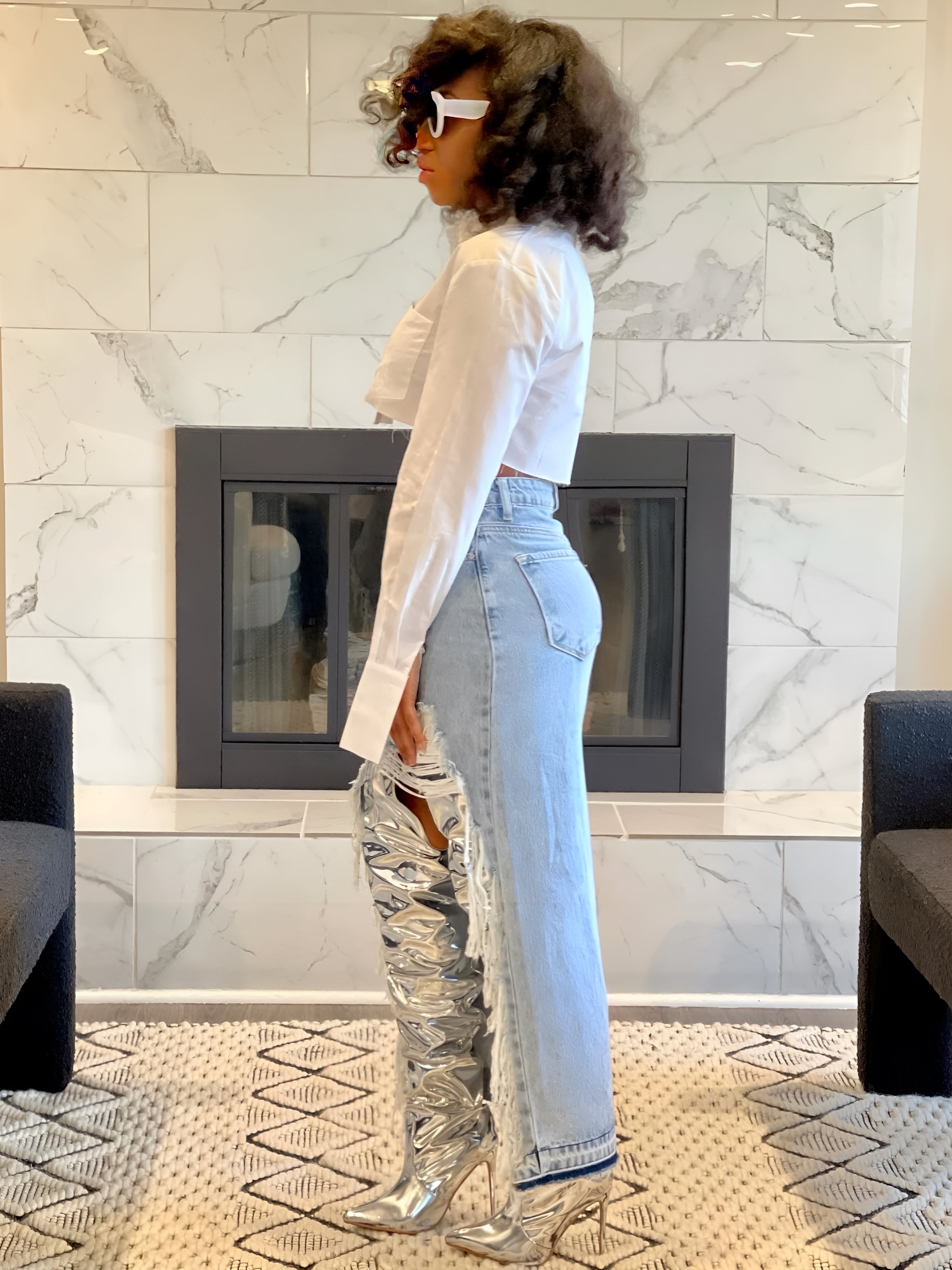 GOLDxTEAL high waist distressed denim skirt.