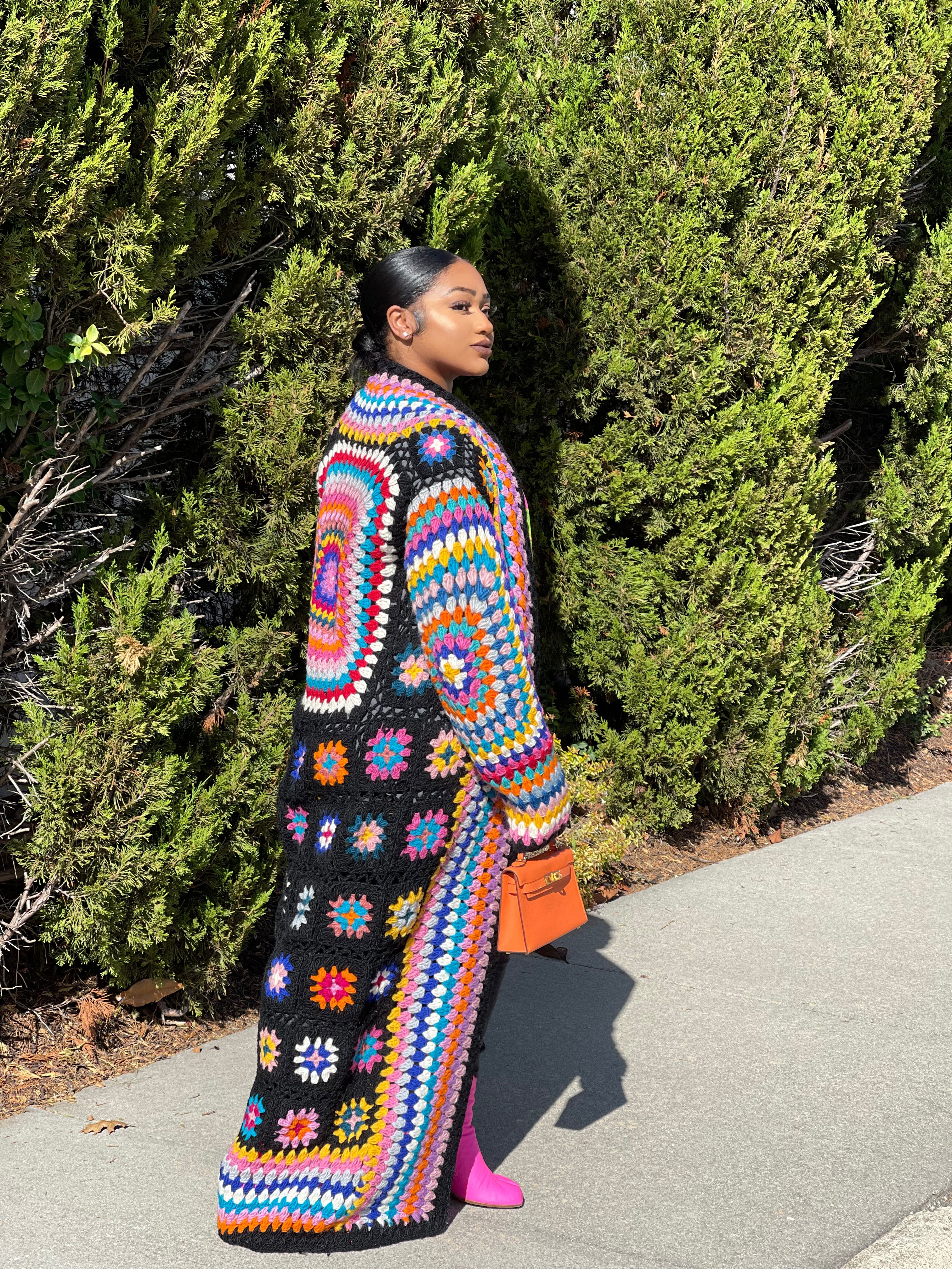 Gold x Teal handmade colorful crochet long cardigan. Available in red multi color and black multi color.