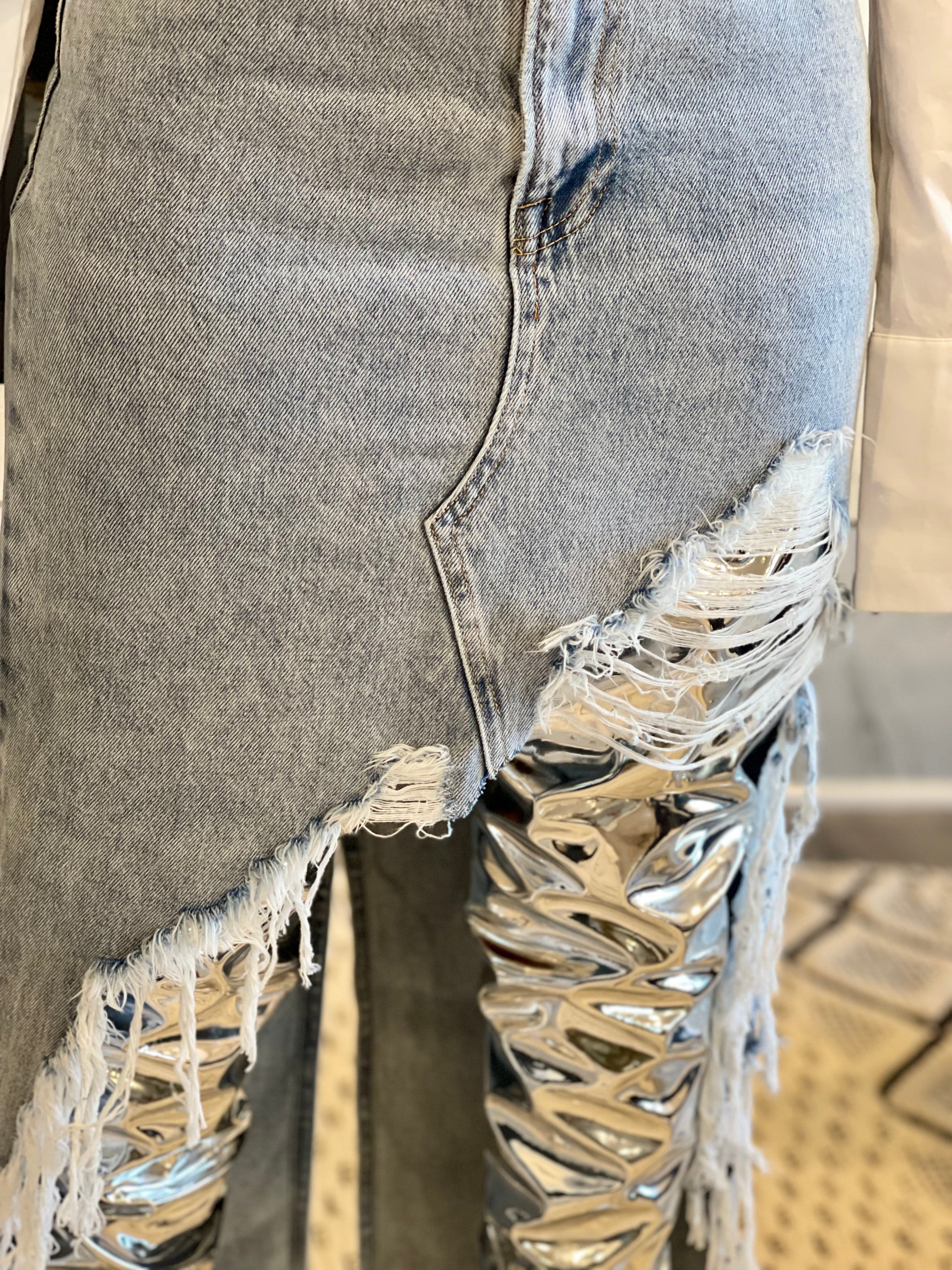 GOLDxTEAL high waist distressed denim skirt.