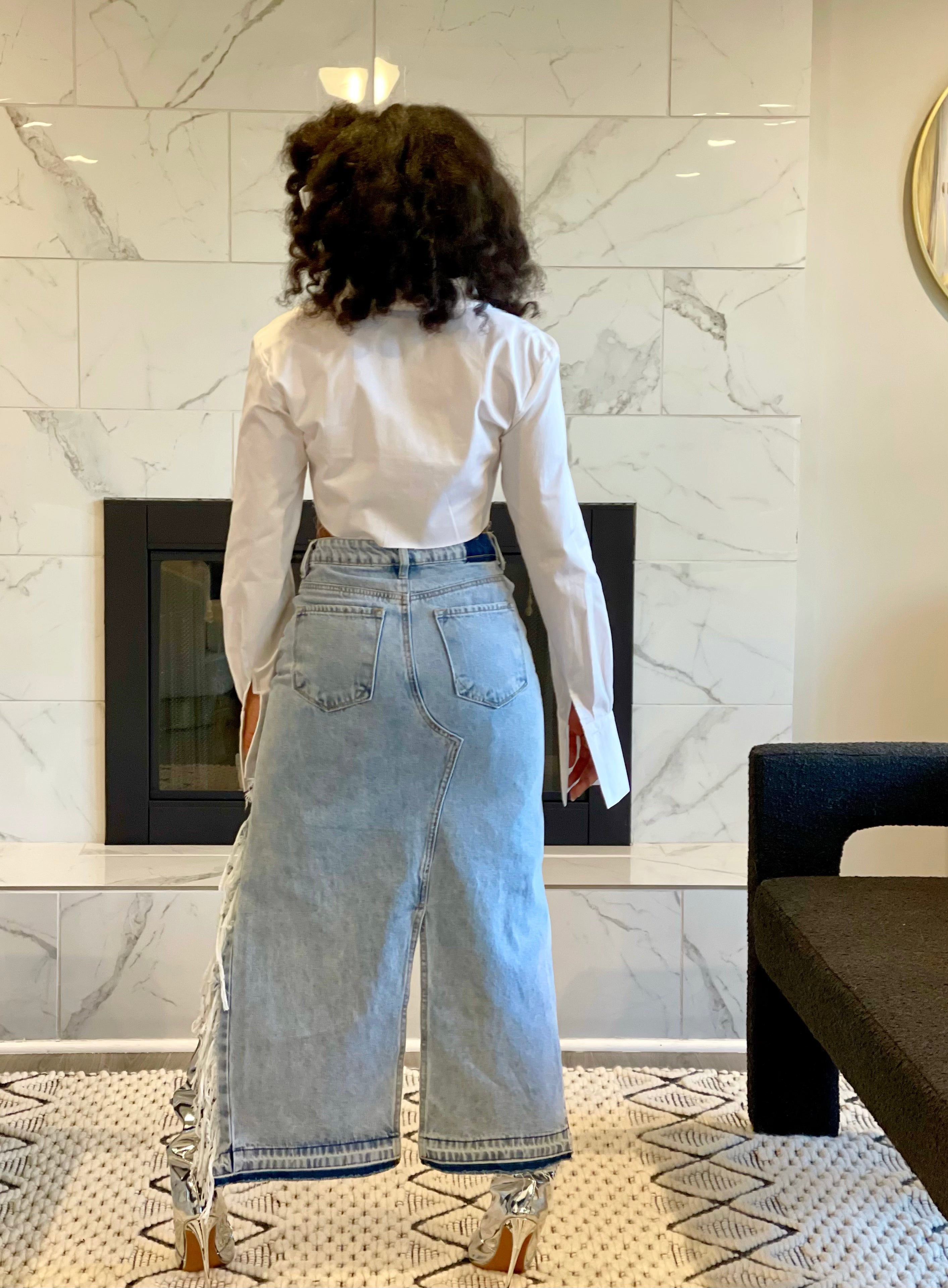 GOLDxTEAL high waist distressed denim skirt.