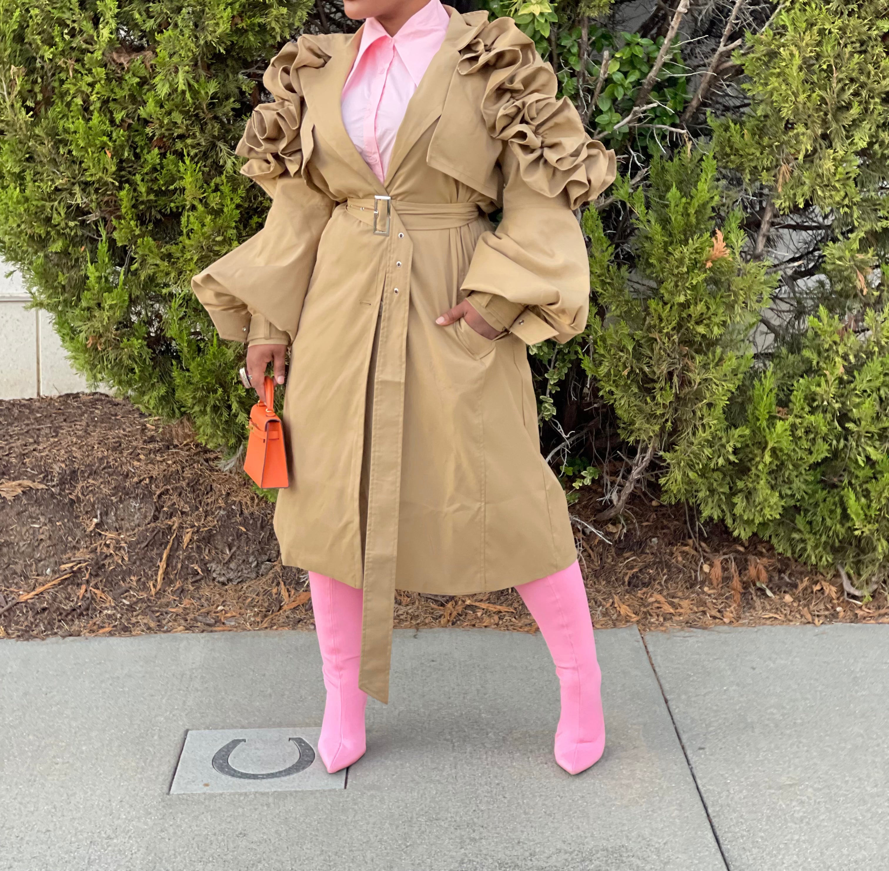 GOLDxTEAL ruffle sleeve trench coat.