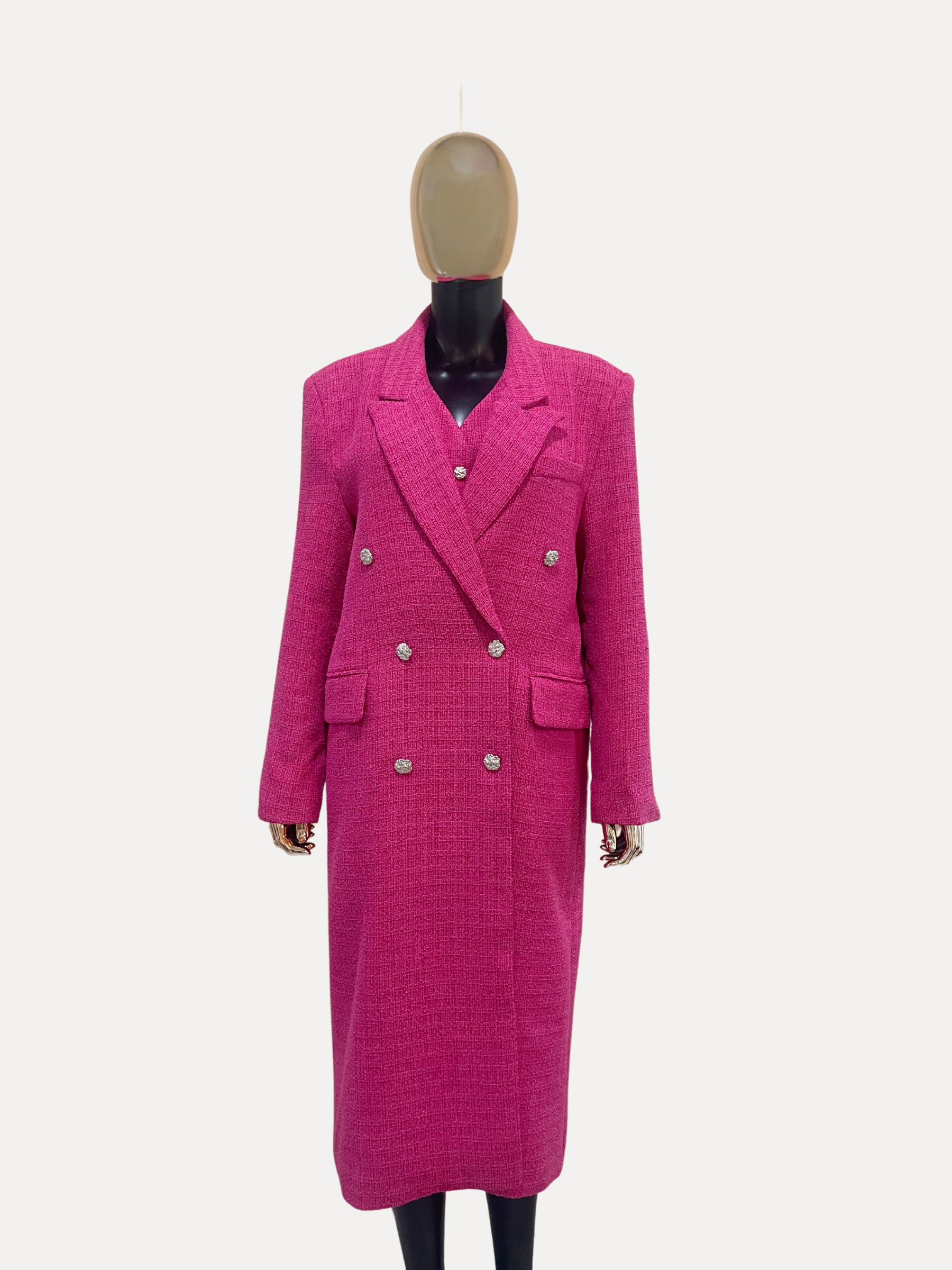 GOLDxTEAL chic 2pc pink long overcoat set with matching vest.