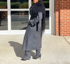 GOLDxTEAL charcoal denim and fur trench coat.