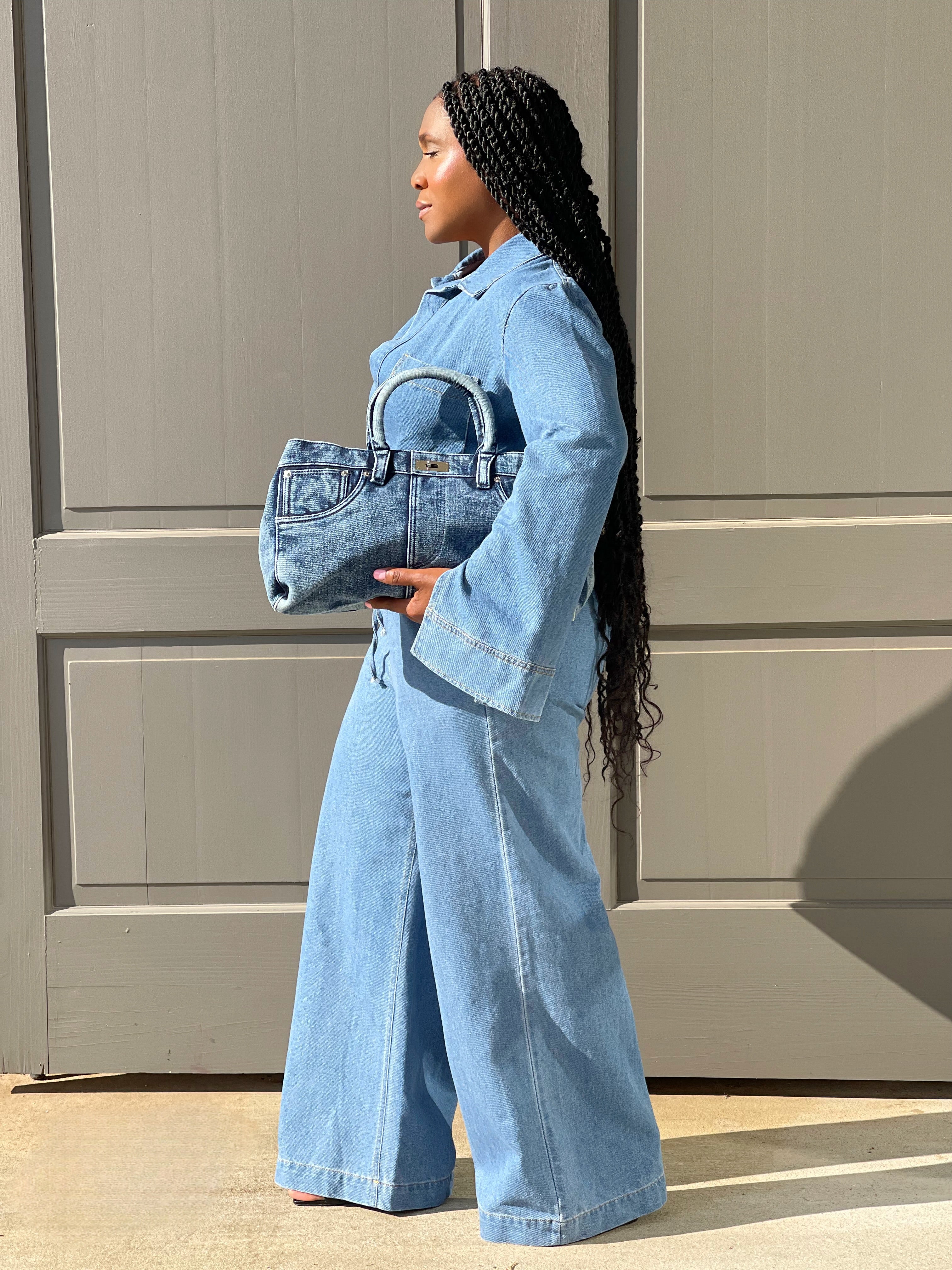 GOLDxTEAL denim wide leg pant set.