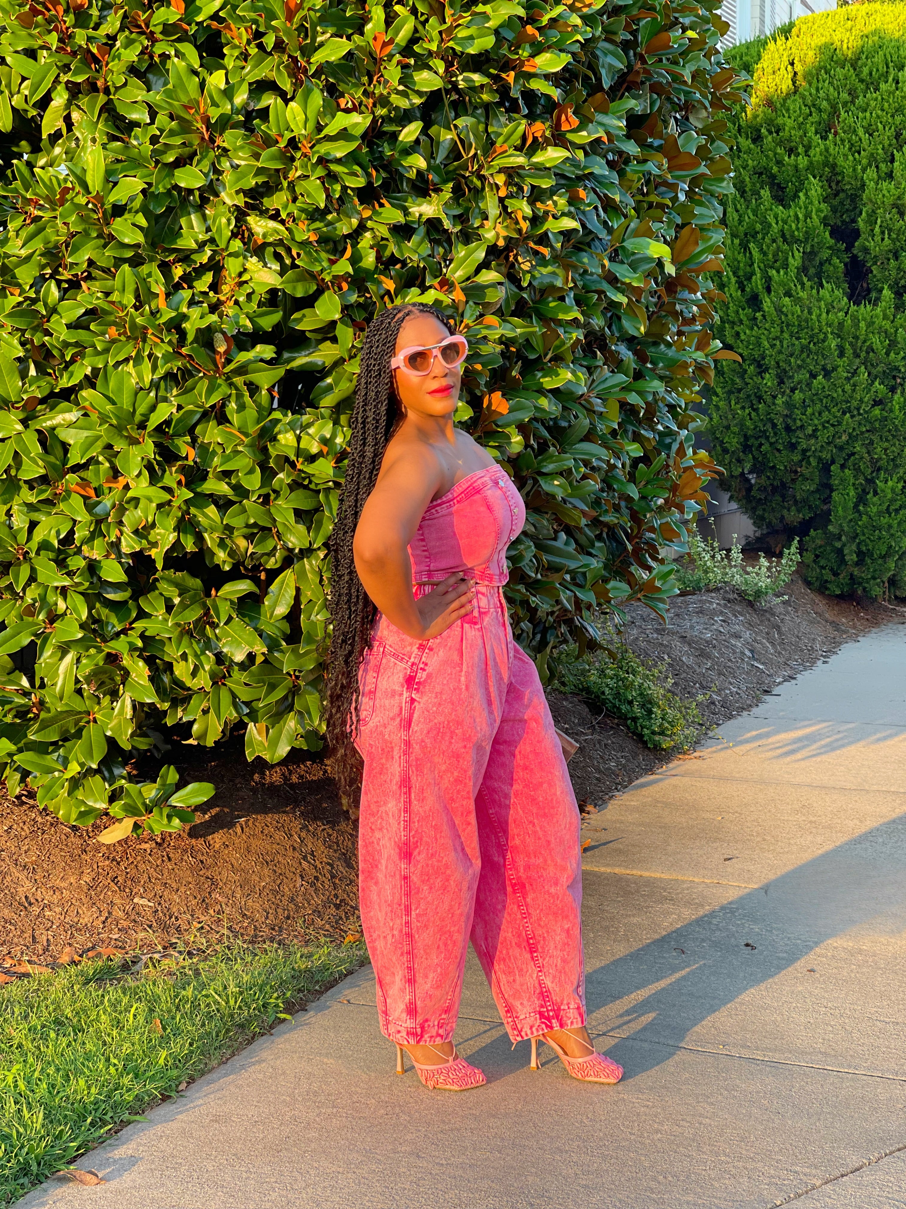 GOLDxTEAL pink wash denim crop top. Pink denim tube top.