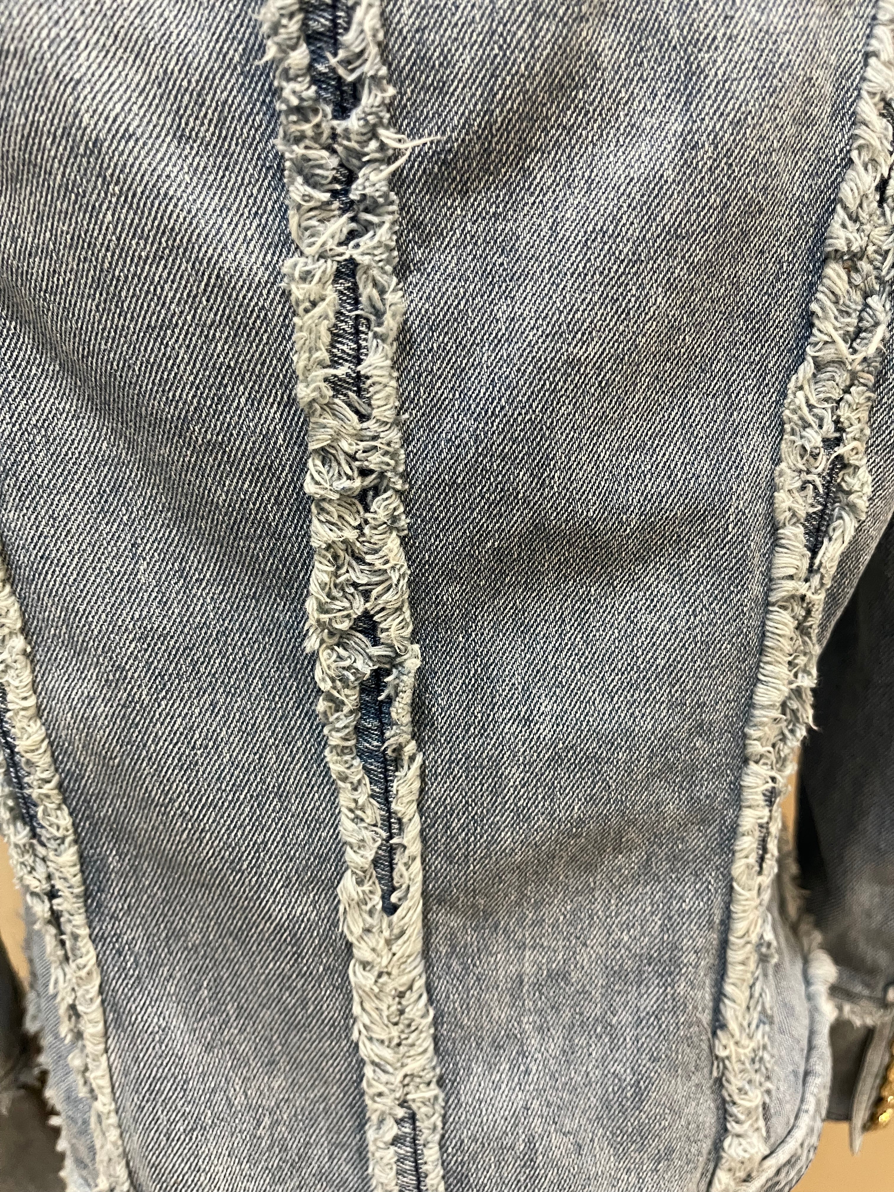 GOLDxTEAL denim blazer top with frayed trimming.