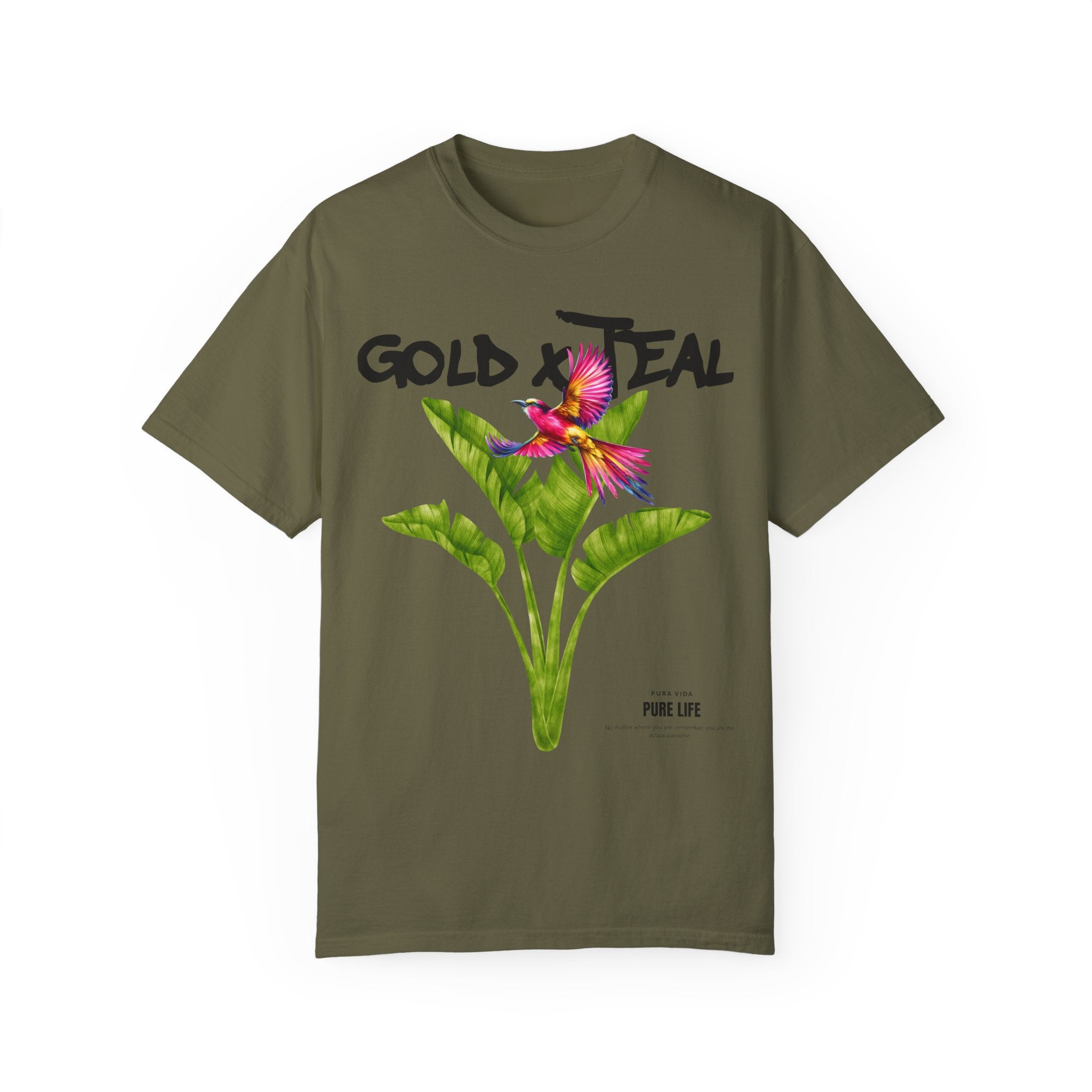 GOLDxTEAL colorful and bold tropical graphic t-shirt.