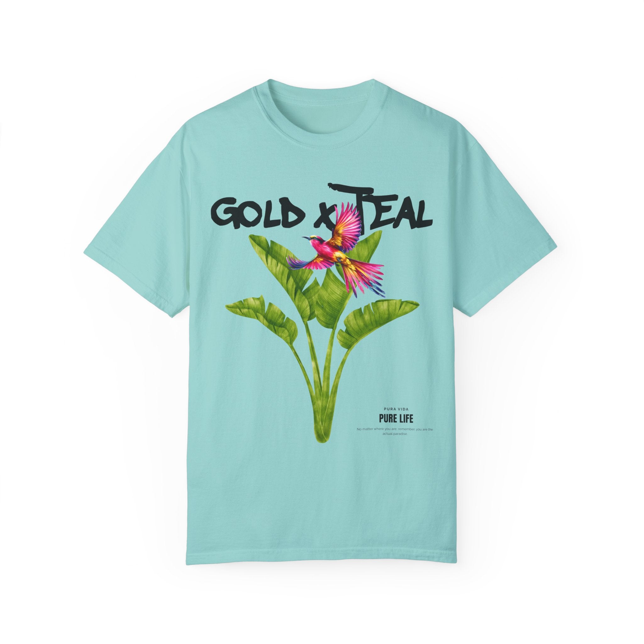 GOLDxTEAL colorful and bold tropical graphic t-shirt.