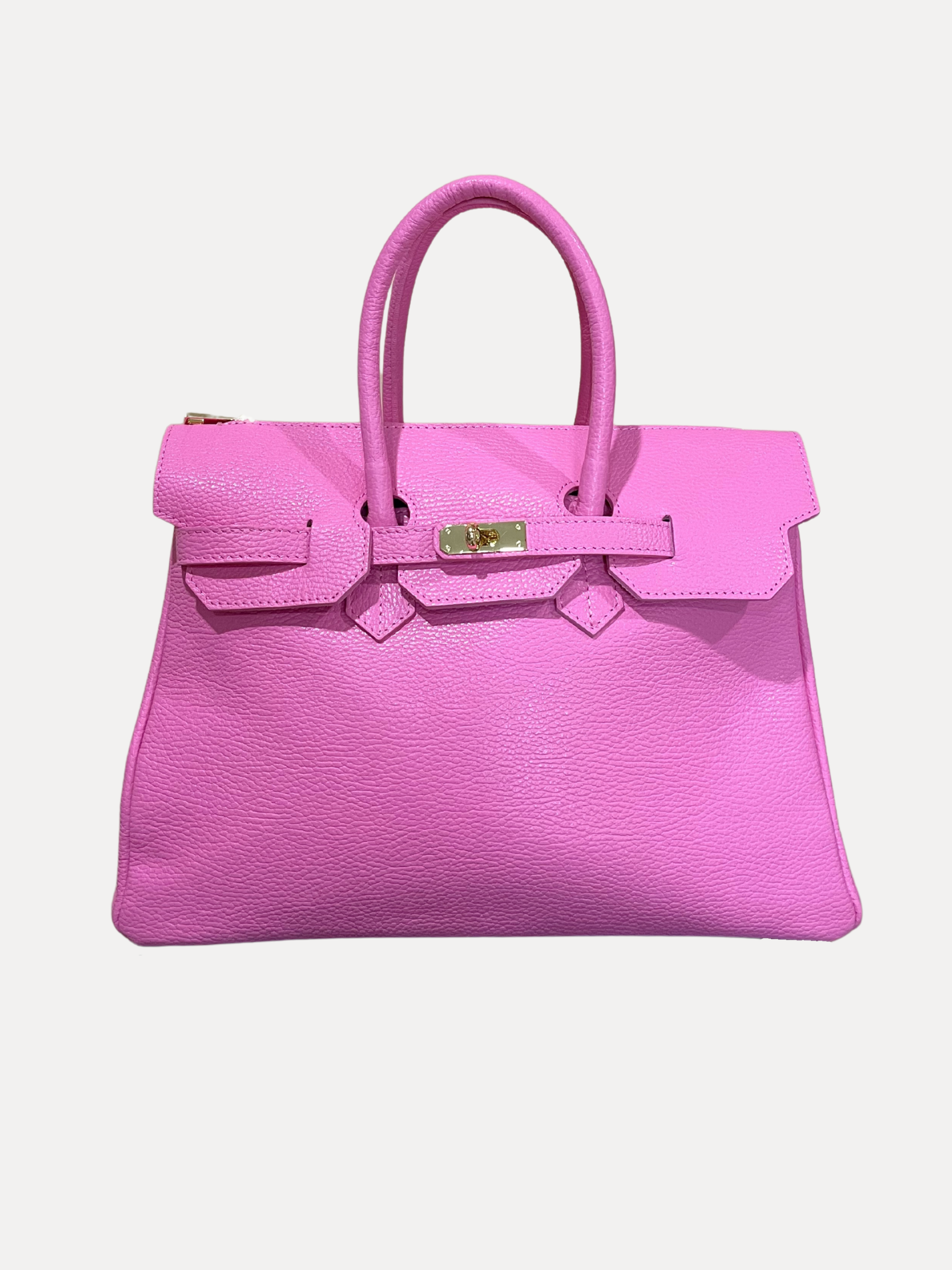 GOLDxTEAL classic pink pebbled leather handbag.