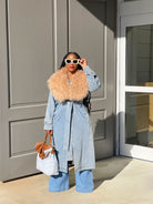 GOLDxTEAL denim trench coat with Mongolian fur collar.