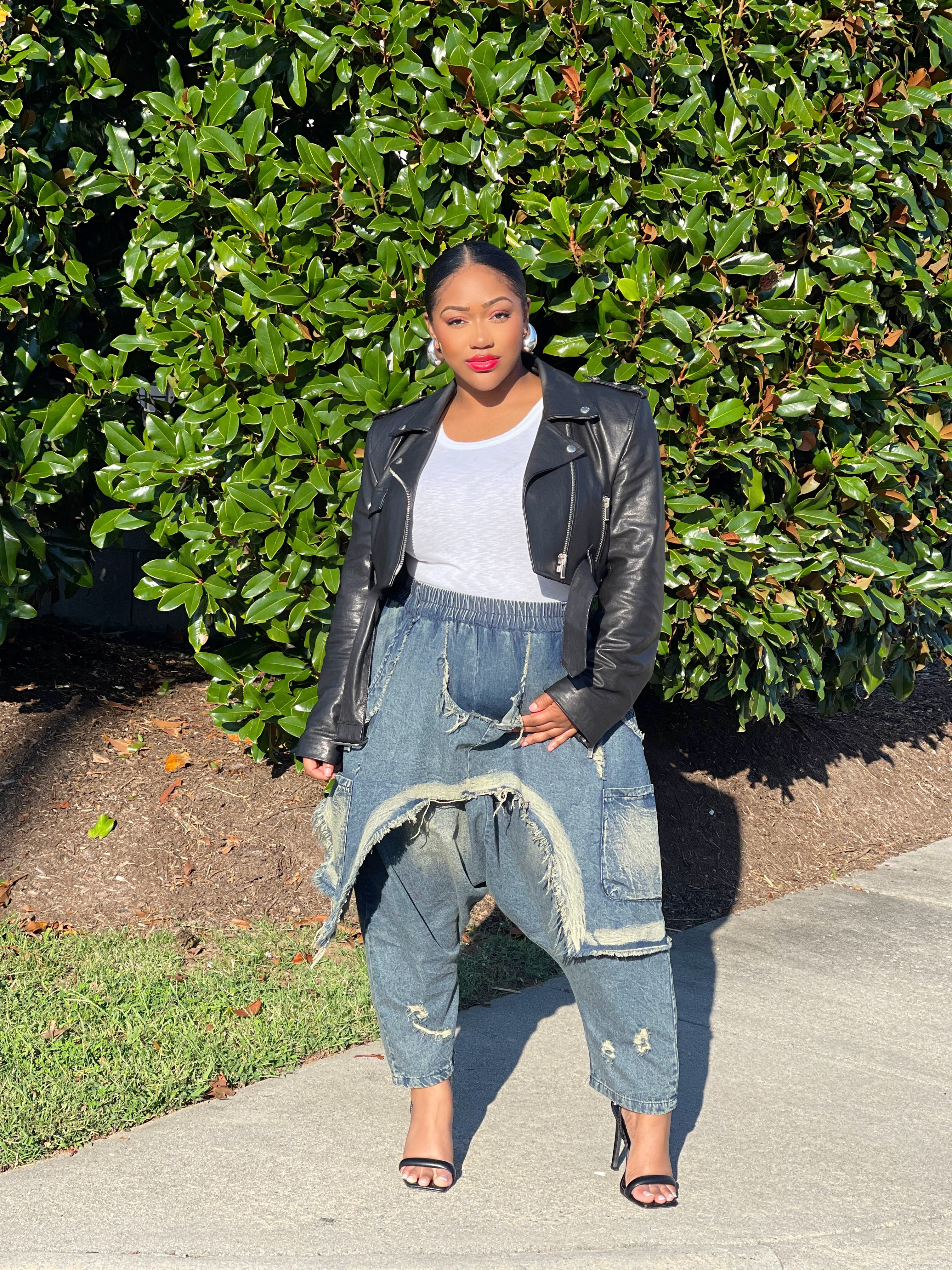 GOLDxTEAL distressed drop slouch jeans.