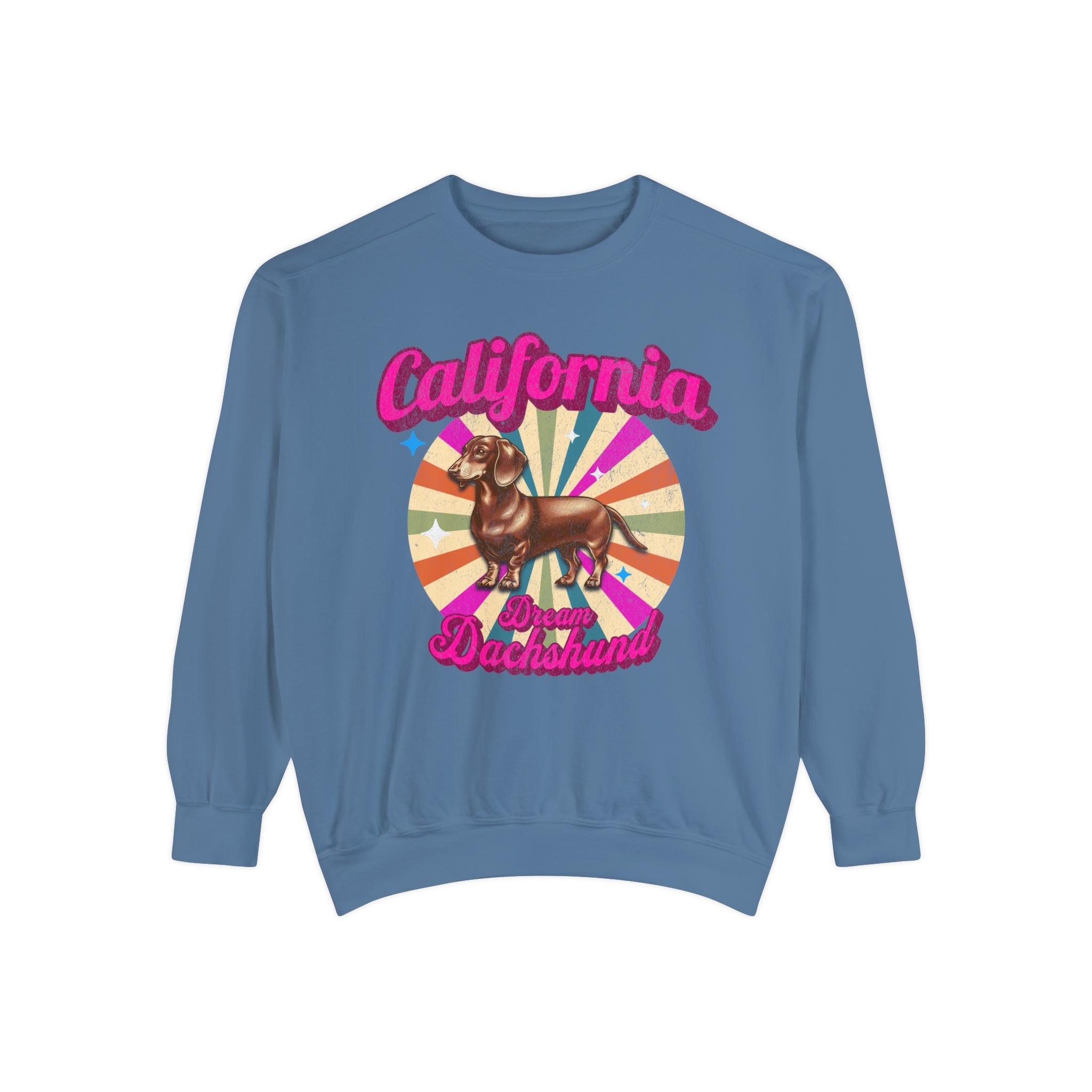 GOLDxTEAL colorful California Dream Dachshund graphic sweatshirt.