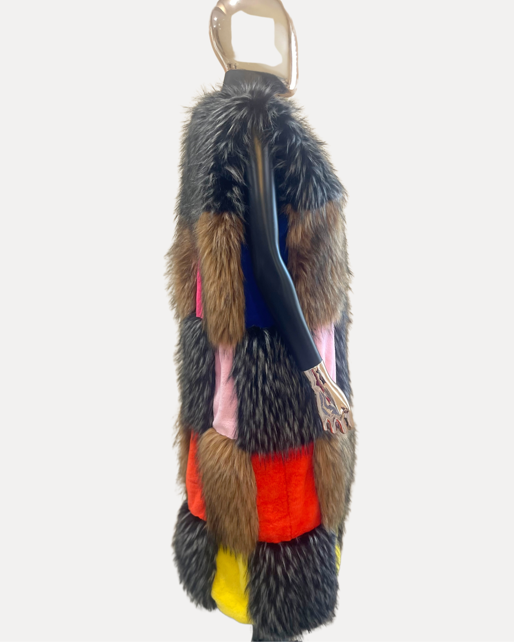 GOLDxTEAL gorgeous colorful patchwork faux fur vest.