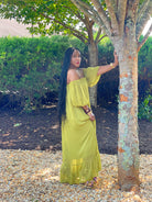 GOLDxTEAL chartreuse off the shoulder maxi dress. Gorgeous green off the shoulder maxi dress with ruffle hemline