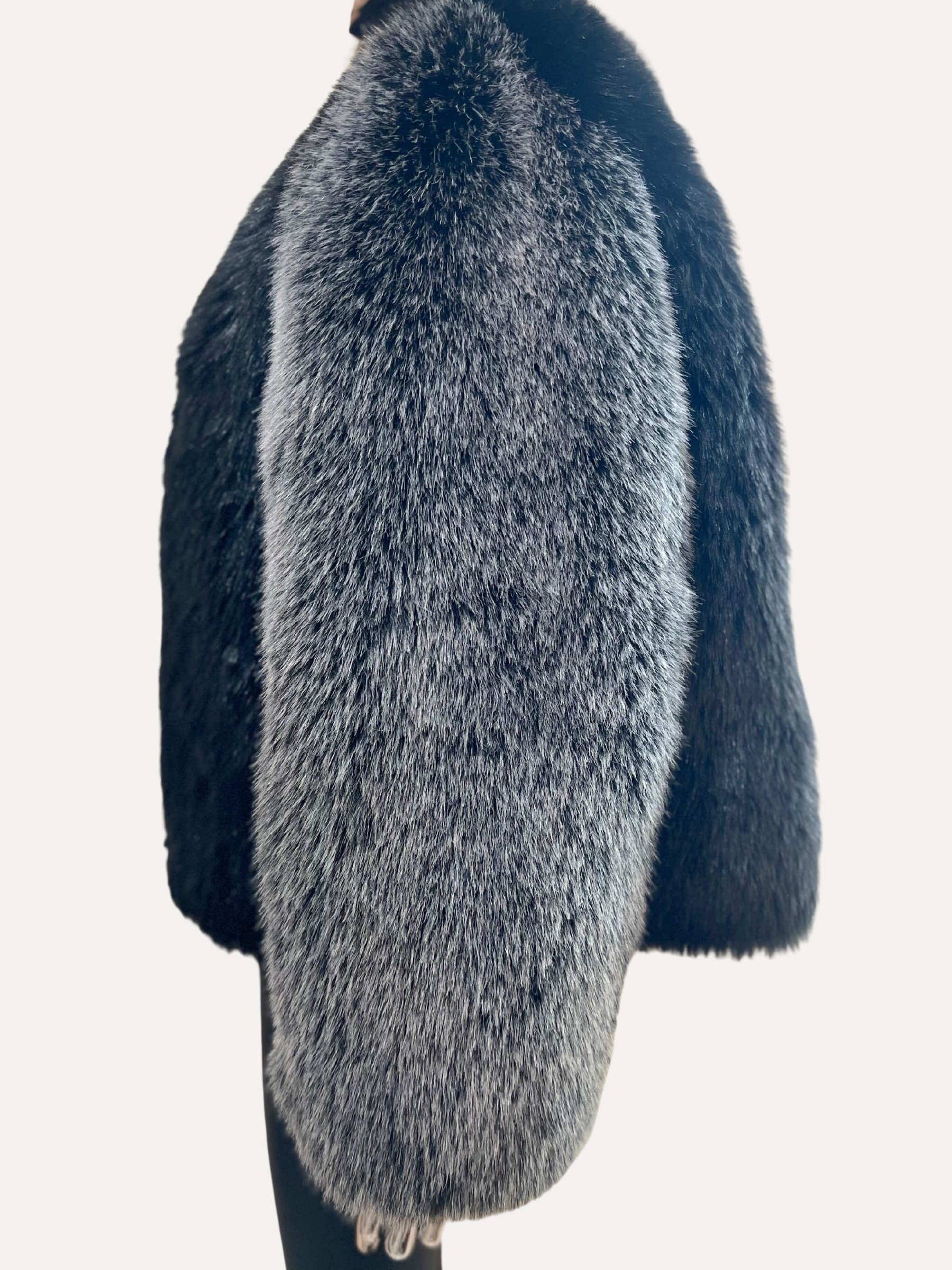 GOLDxTEAL stylish black and gray pepper faux fur jacket.