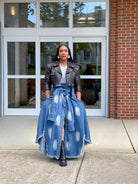 GOLDxTEAL denim maxi skirt and black leather cropped biker jacket.