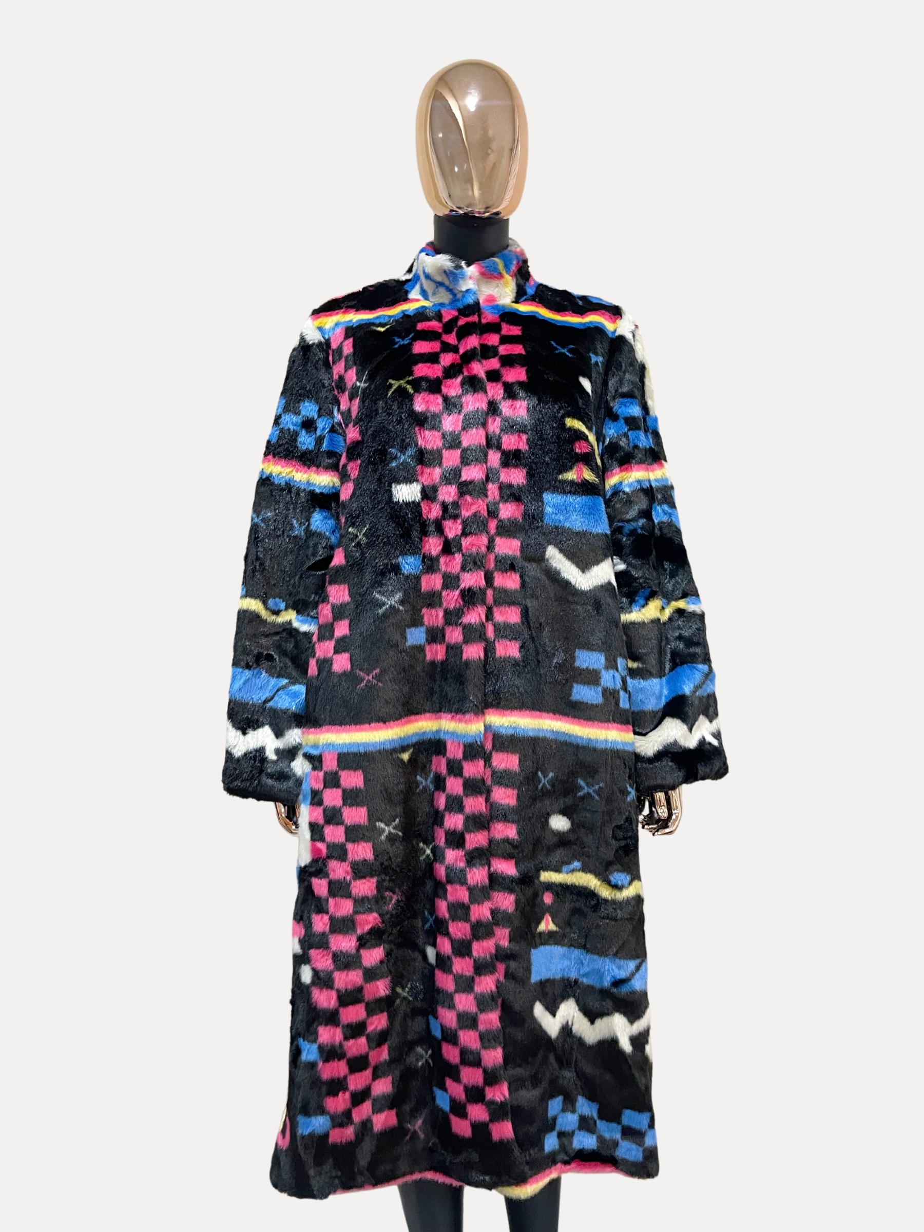 GOLDxTEAL colorful printed faux fur coat.