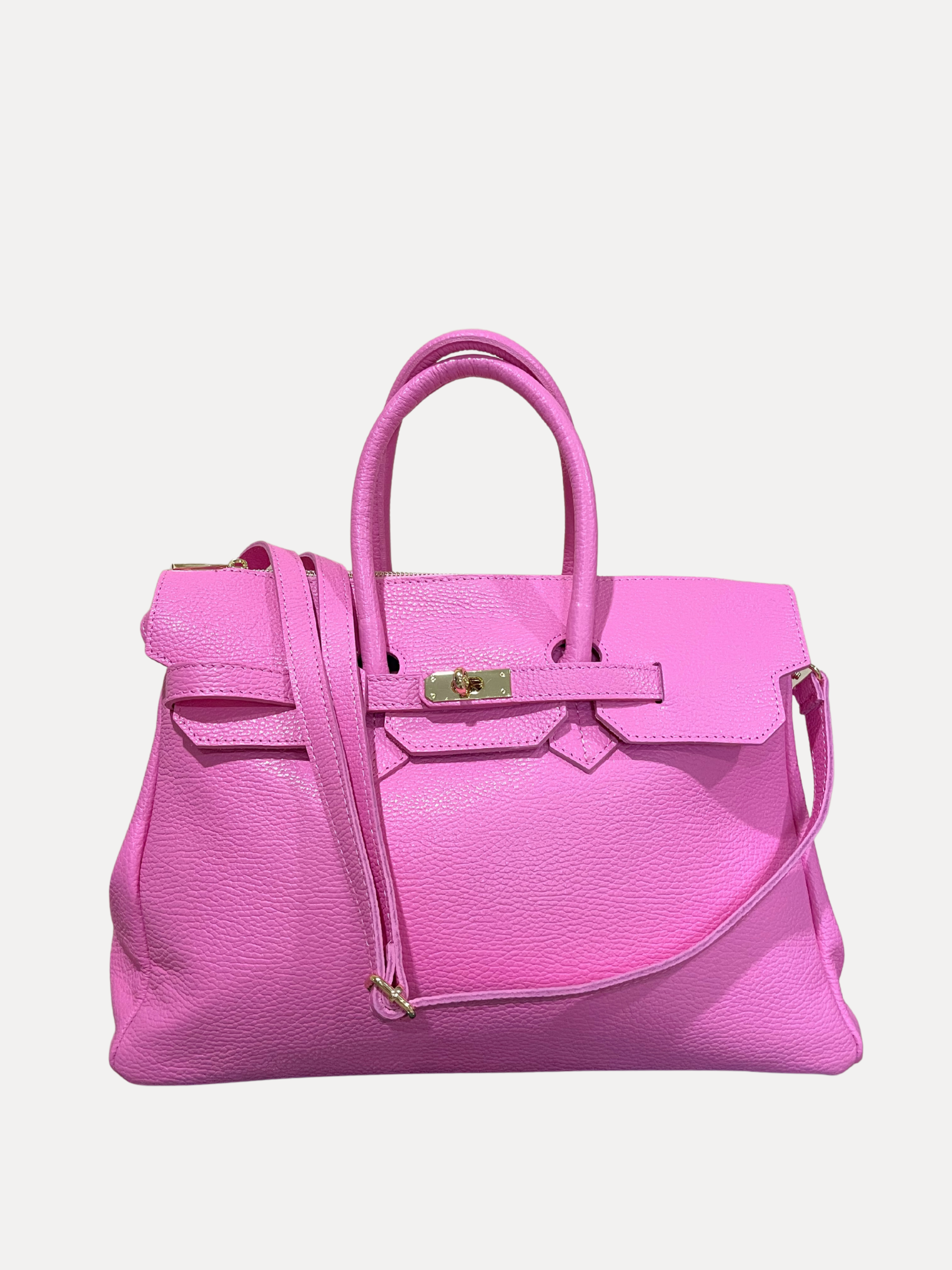 GOLDxTEAL classic pink pebbled leather handbag.