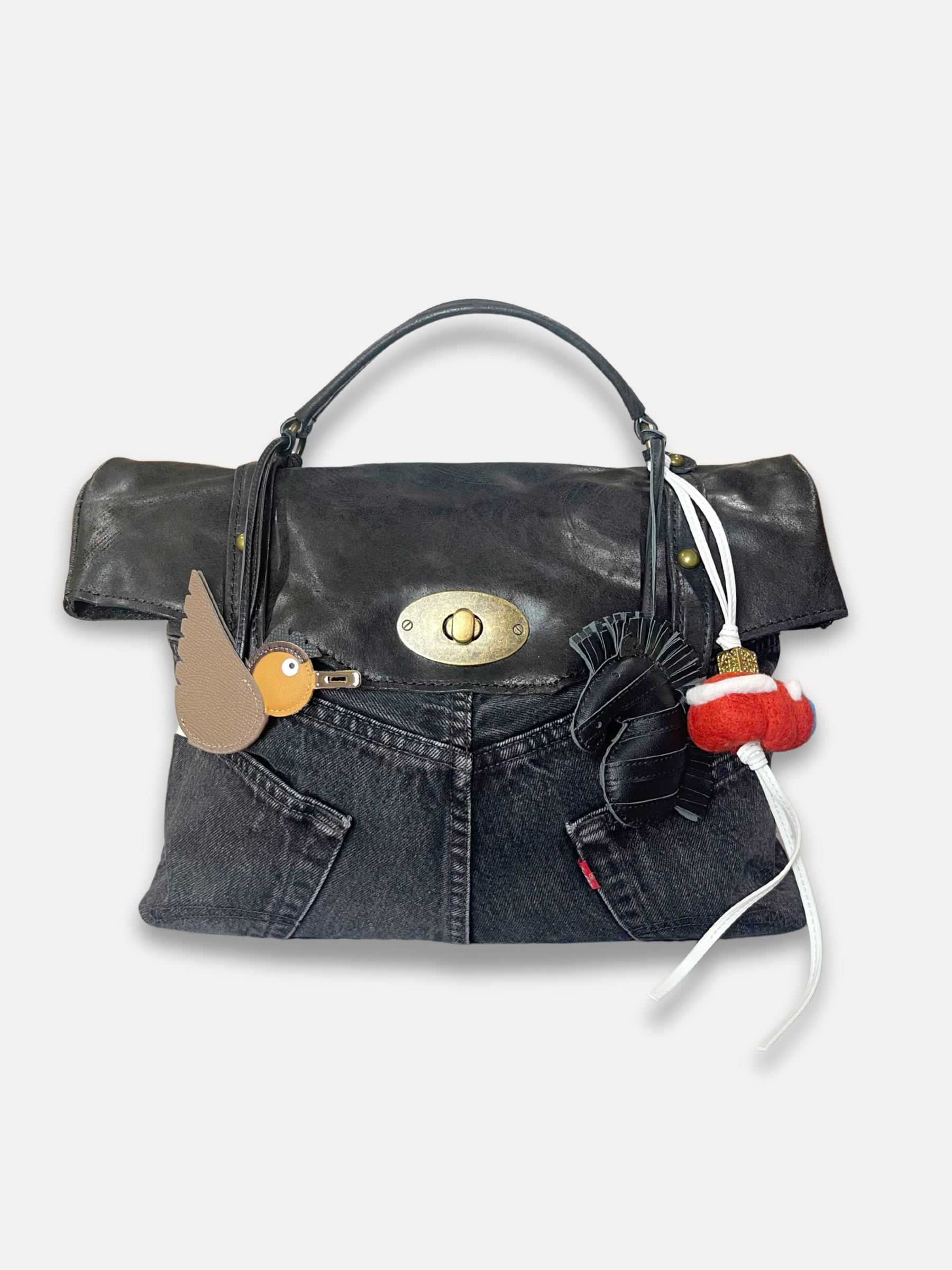GOLDxTEAL stylish and unique handmade black denim and leather satchel handbag.
