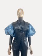 GOLDxTEAL vegan leather and denim sleeve jacket.