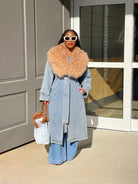 GOLDxTEAL denim trench coat with Mongolian fur collar.